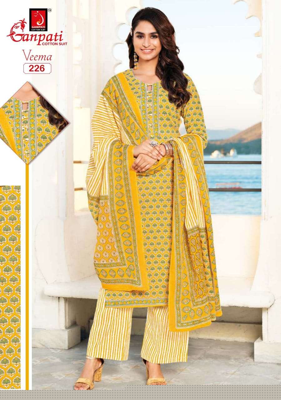 VEEMA BY GANPATI COTTON SUIT 216 TO 230 SERIES BEAUTIFUL STYLISH SUITS FANCY COLORFUL CASUAL WEAR & ETHNIC WEAR & READY TO WEAR PURE COTTON DRESSES AT WHOLESALE PRICE
