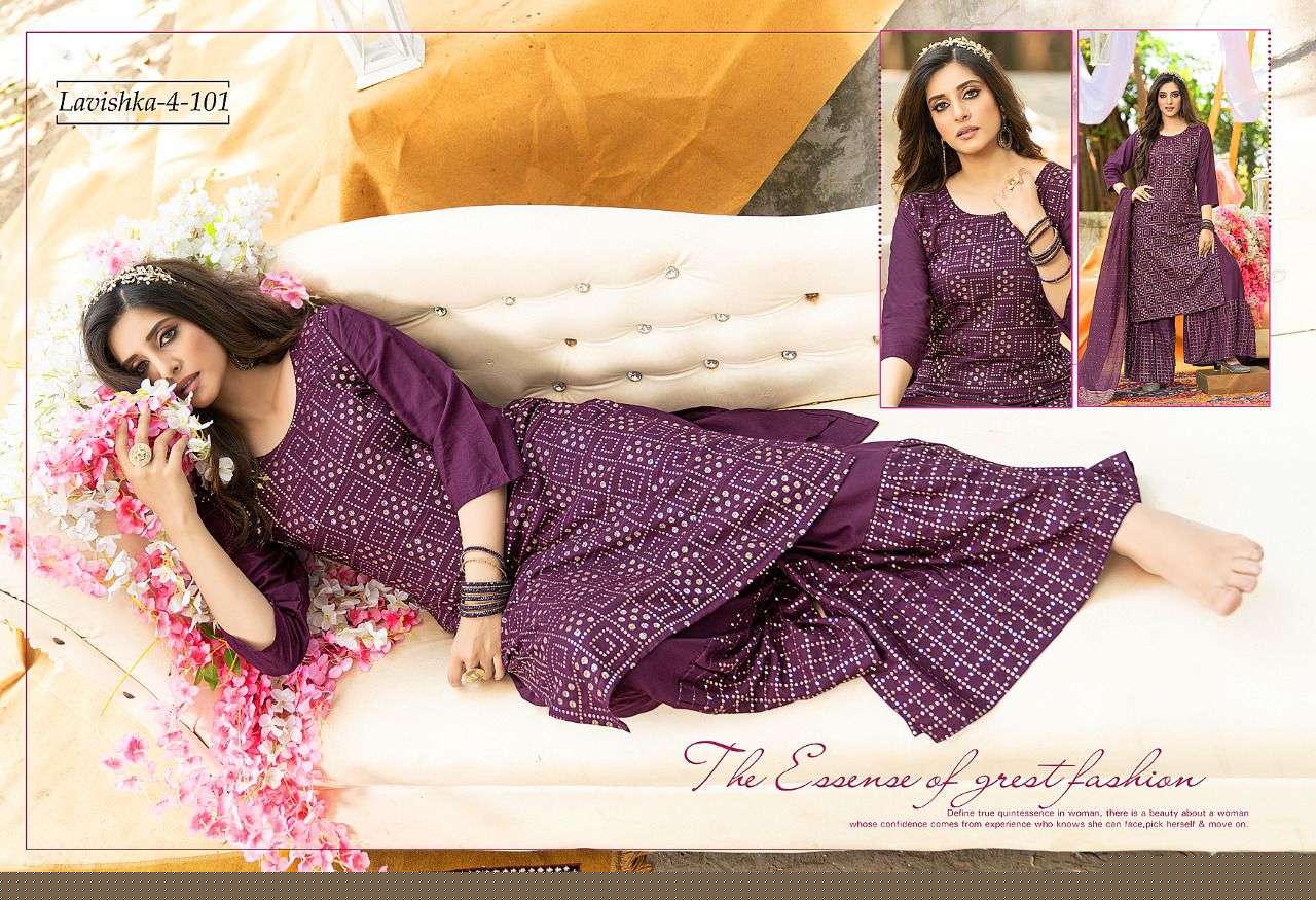 LAVISHKA VOL-4 BY MAIRA 101 TO 106 SERIES BEAUTIFUL SHARARA SUITS COLORFUL STYLISH FANCY CASUAL WEAR & ETHNIC WEAR HEAVY RAYON DRESSES AT WHOLESALE PRICE