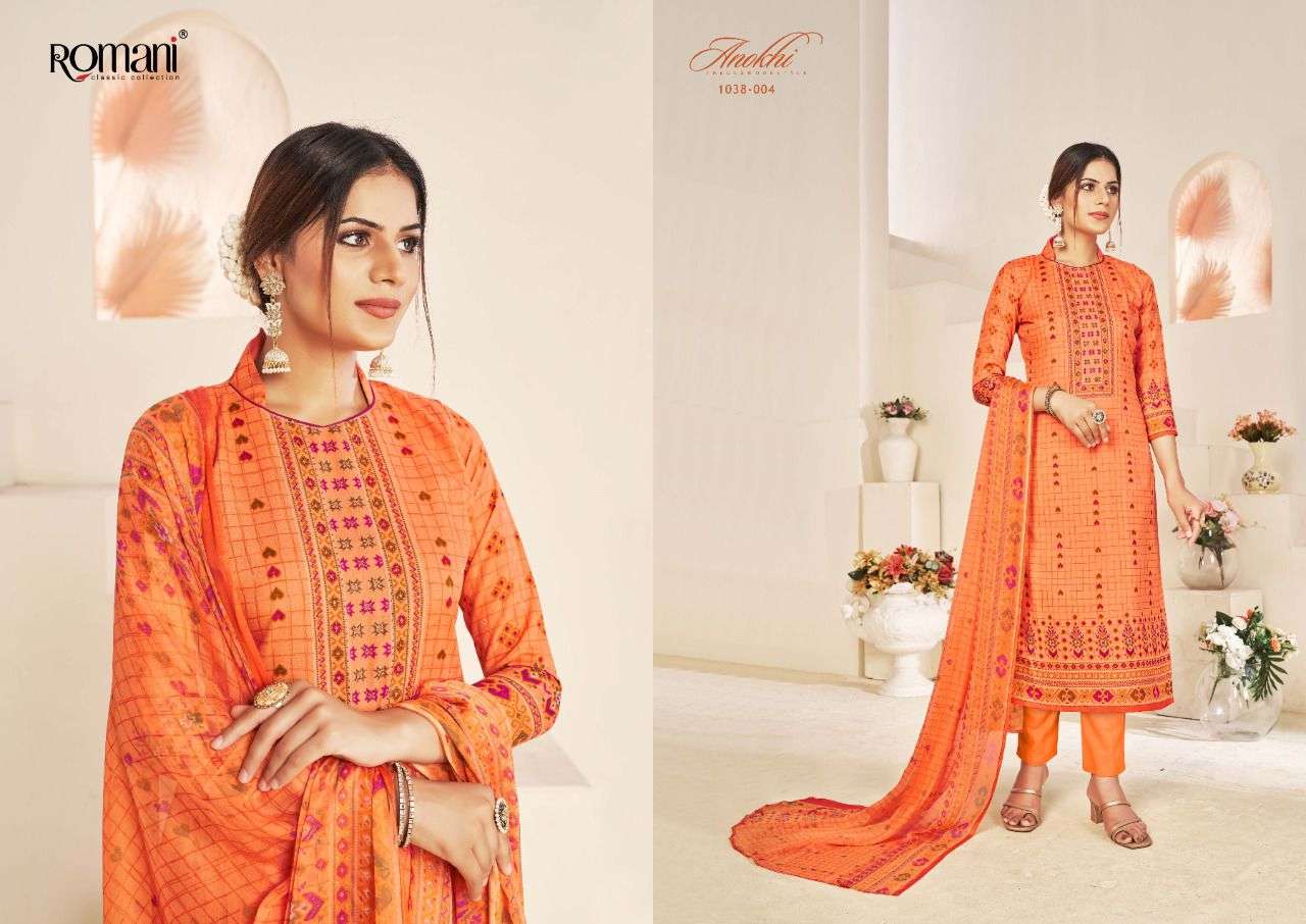 ANOKHI VOL-2 BY ROMANI 1038-001 TO 1038-010 SERIES BEAUTIFUL STYLISH SUITS FANCY COLORFUL CASUAL WEAR & ETHNIC WEAR & READY TO WEAR SOFT COTTON PRINTED DRESSES AT WHOLESALE PRICE