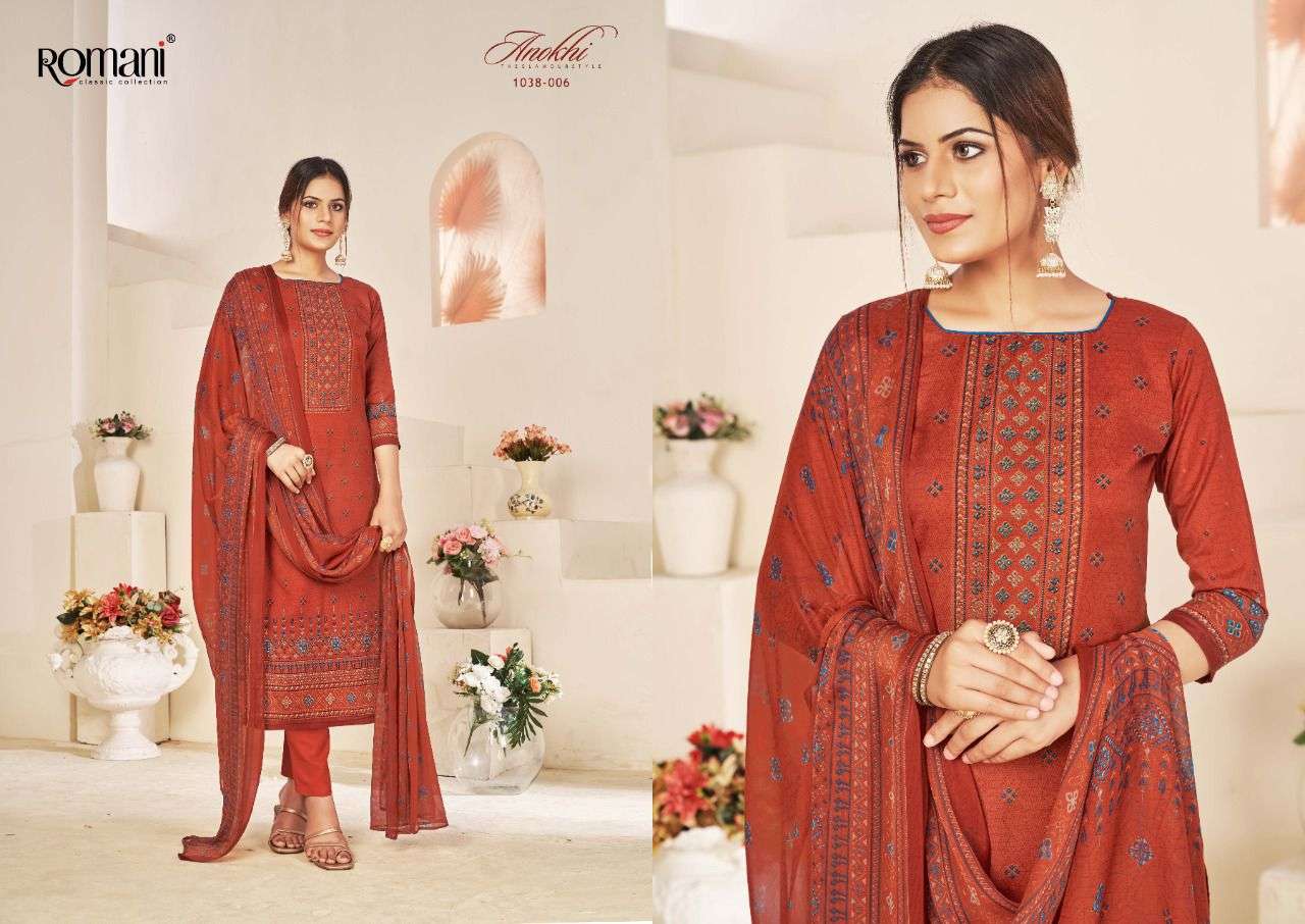 ANOKHI VOL-2 BY ROMANI 1038-001 TO 1038-010 SERIES BEAUTIFUL STYLISH SUITS FANCY COLORFUL CASUAL WEAR & ETHNIC WEAR & READY TO WEAR SOFT COTTON PRINTED DRESSES AT WHOLESALE PRICE