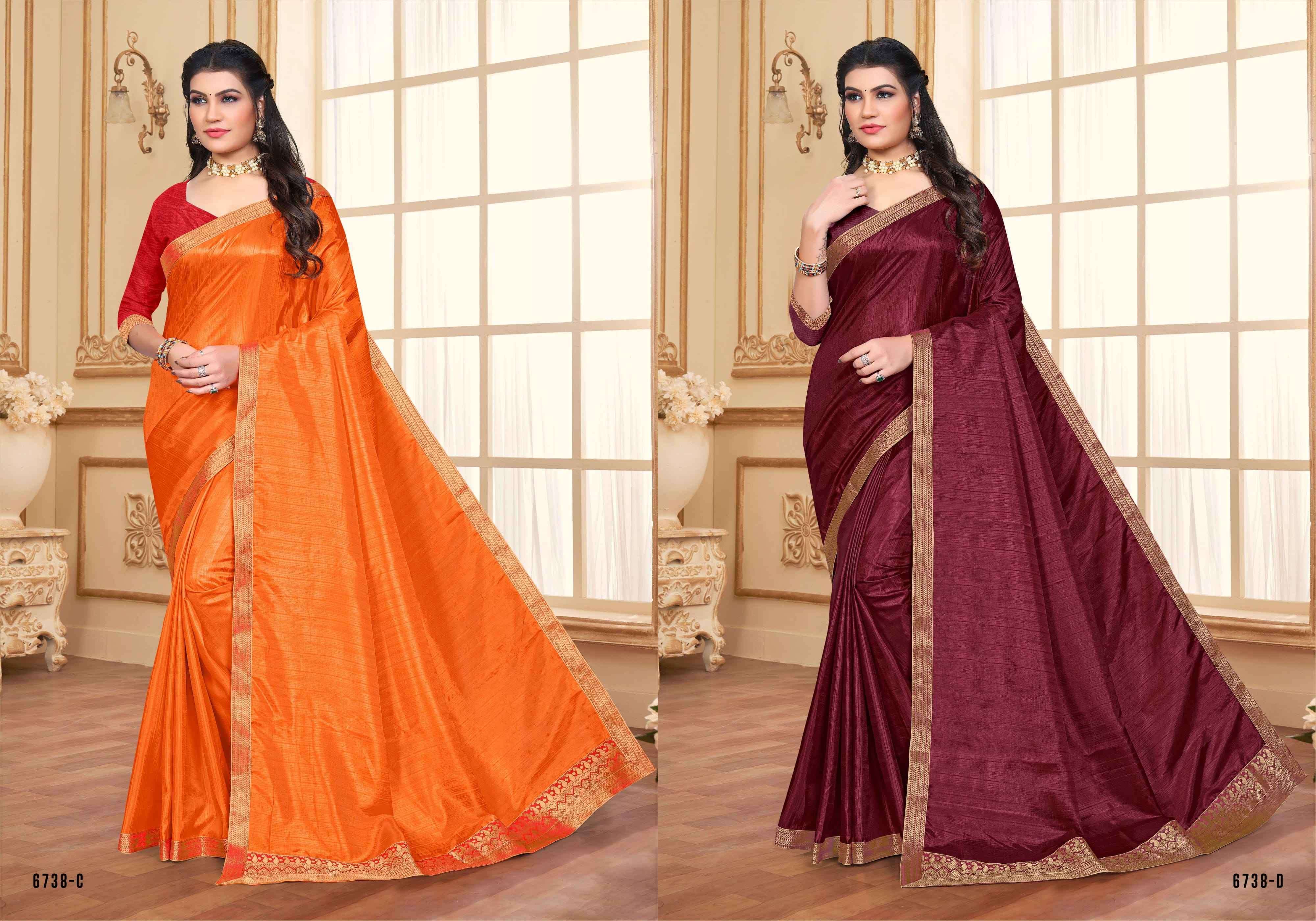MOONGDAL SHEERA BY INDIAN WOMEN 6738-A TO 6738-H SERIES INDIAN TRADITIONAL WEAR COLLECTION BEAUTIFUL STYLISH FANCY COLORFUL PARTY WEAR & OCCASIONAL WEAR VICHITRA SILK SAREES AT WHOLESALE PRICE
