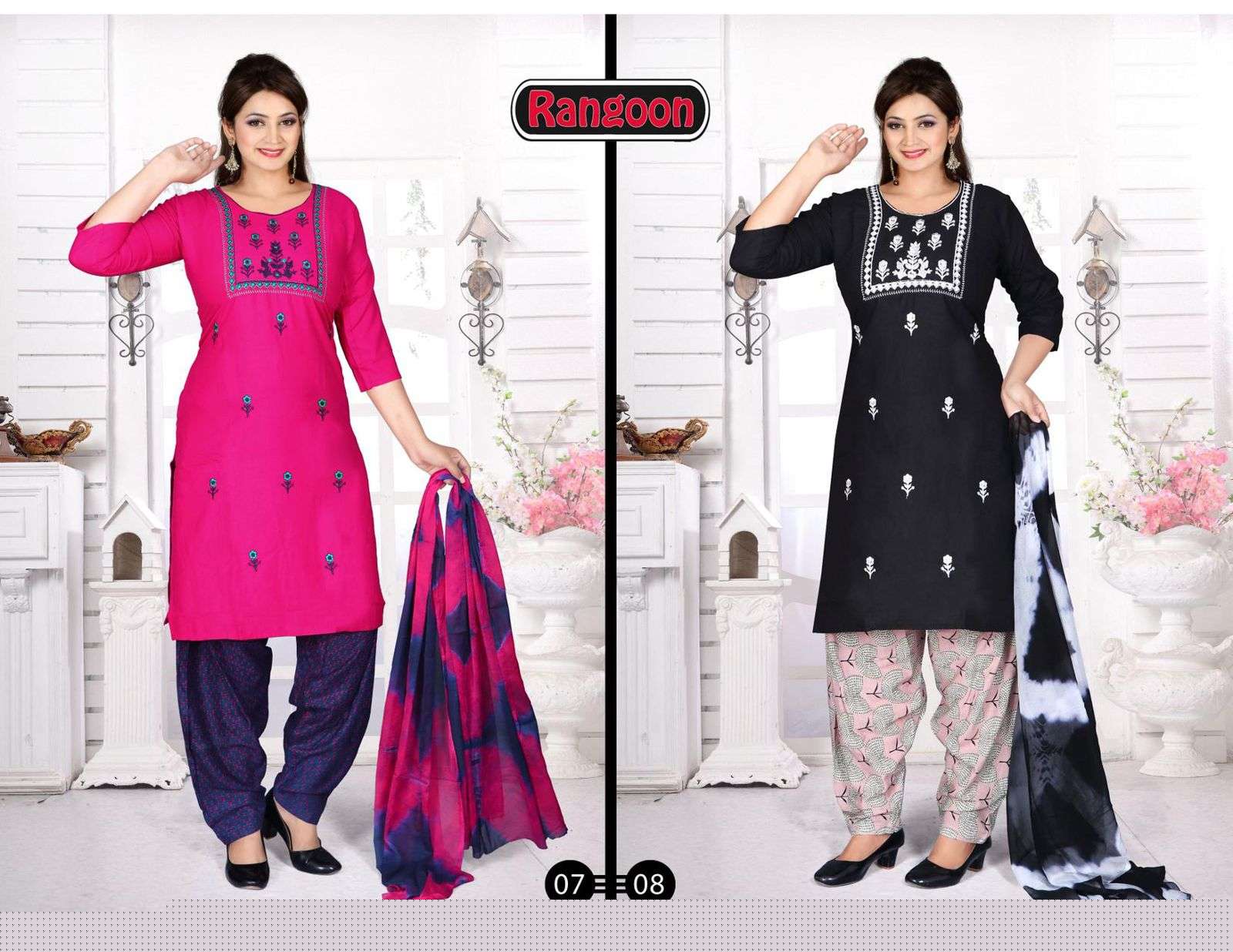 RANGOON BY TRENDY 01 TO 10 SERIES BEAUTIFUL PATIYALA SUITS COLORFUL STYLISH FANCY CASUAL WEAR & ETHNIC WEAR RAYON PRINT DRESSES AT WHOLESALE PRICE