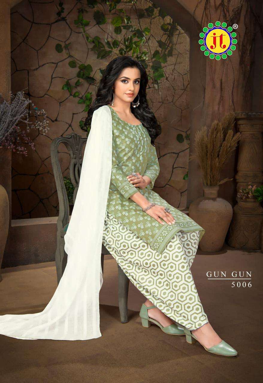 GUN GUN VOL-5 BY JT 5001 TO 5010 SERIES BEAUTIFUL STYLISH SUITS FANCY COLORFUL CASUAL WEAR & ETHNIC WEAR & READY TO WEAR COTTON PRINTED DRESSES AT WHOLESALE PRICE