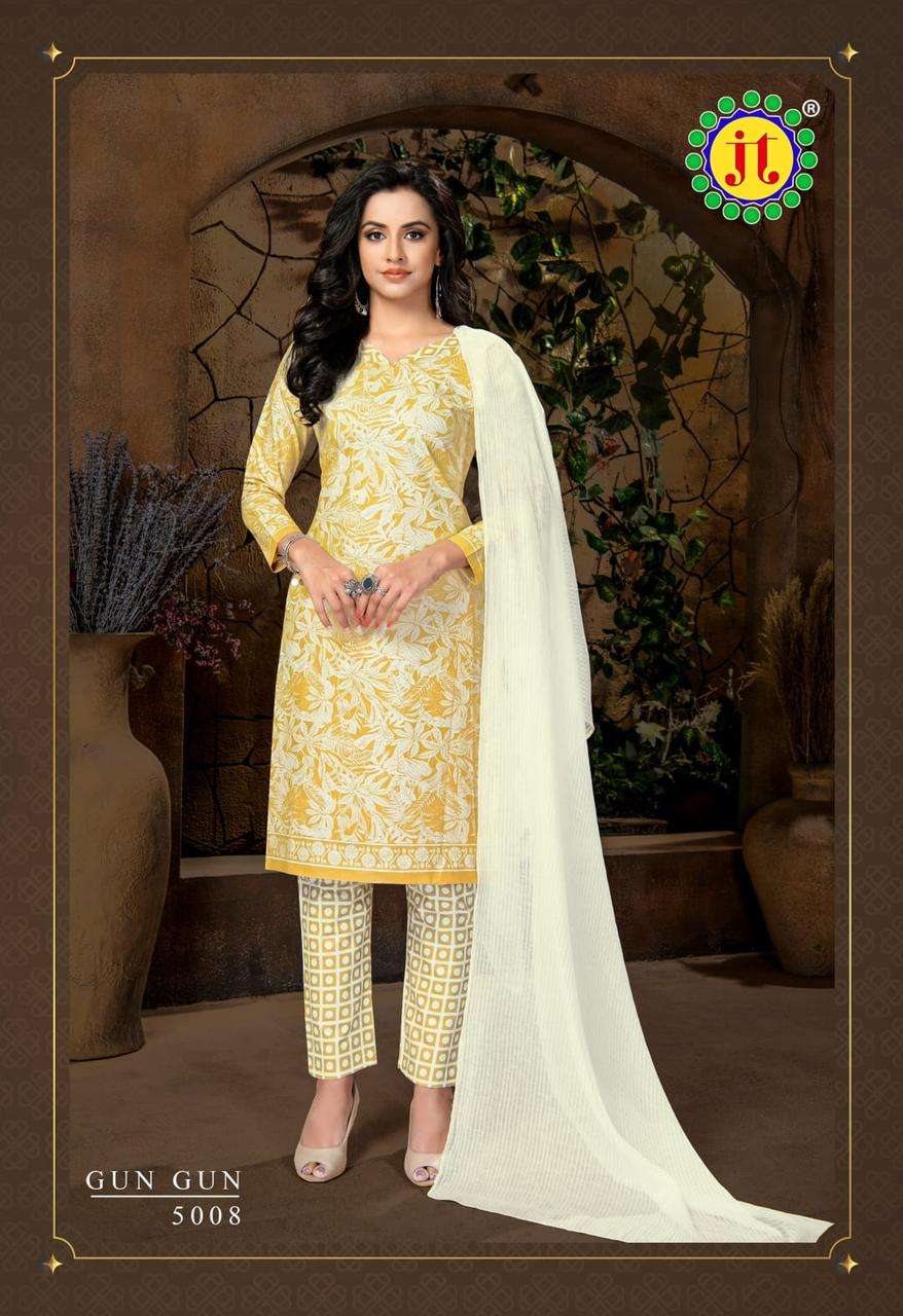 GUN GUN VOL-5 BY JT 5001 TO 5010 SERIES BEAUTIFUL STYLISH SUITS FANCY COLORFUL CASUAL WEAR & ETHNIC WEAR & READY TO WEAR COTTON PRINTED DRESSES AT WHOLESALE PRICE