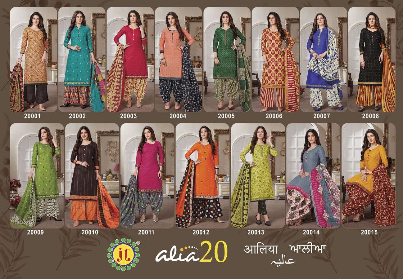 ALIA VOL-20 BY JT 20001 TO 20015 SERIES BEAUTIFUL STYLISH SUITS FANCY COLORFUL CASUAL WEAR & ETHNIC WEAR & READY TO WEAR COTTON PRINTED DRESSES AT WHOLESALE PRICE