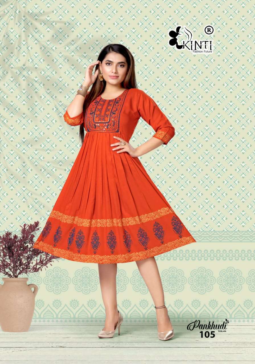 PANKHUDI VOL-8 BY KINTI 101 TO 108 SERIES DESIGNER STYLISH FANCY COLORFUL BEAUTIFUL PARTY WEAR & ETHNIC WEAR COLLECTION RAYON EMBROIDERY KURTIS AT WHOLESALE PRICE