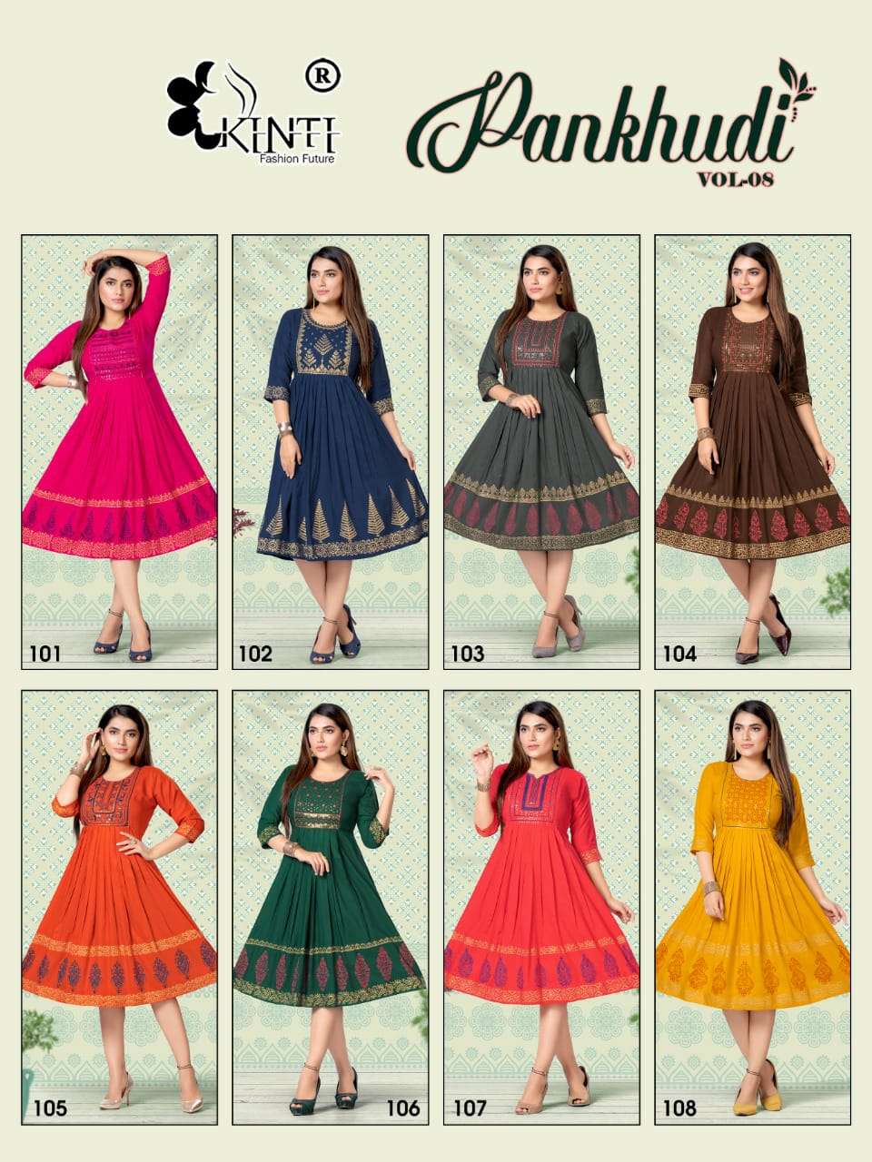 PANKHUDI VOL-8 BY KINTI 101 TO 108 SERIES DESIGNER STYLISH FANCY COLORFUL BEAUTIFUL PARTY WEAR & ETHNIC WEAR COLLECTION RAYON EMBROIDERY KURTIS AT WHOLESALE PRICE