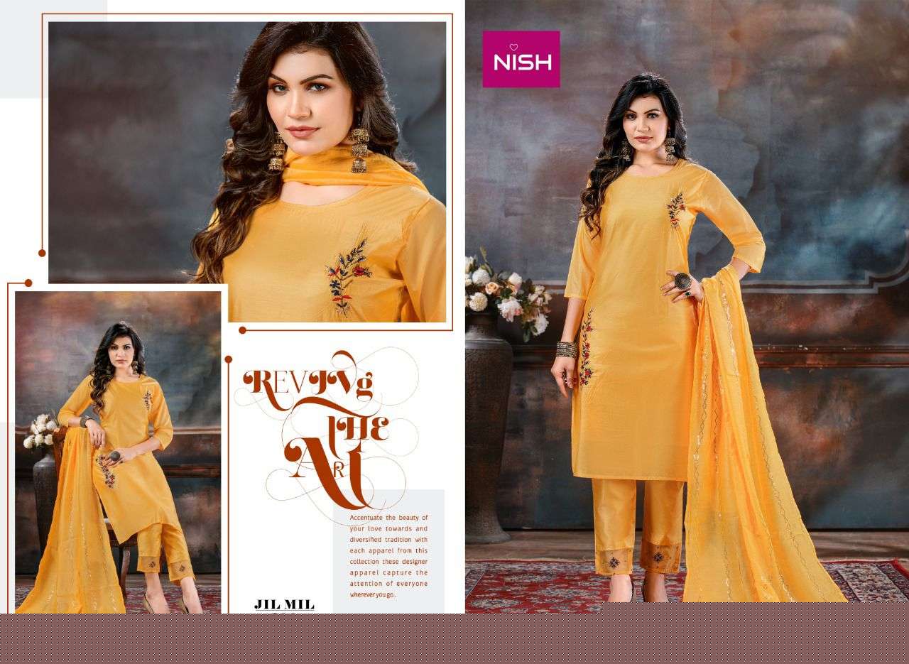 JIL MIL BY NISH 101 TO 106 SERIES BEAUTIFUL SUITS COLORFUL STYLISH FANCY CASUAL WEAR & ETHNIC WEAR PURE SILK DRESSES AT WHOLESALE PRICE