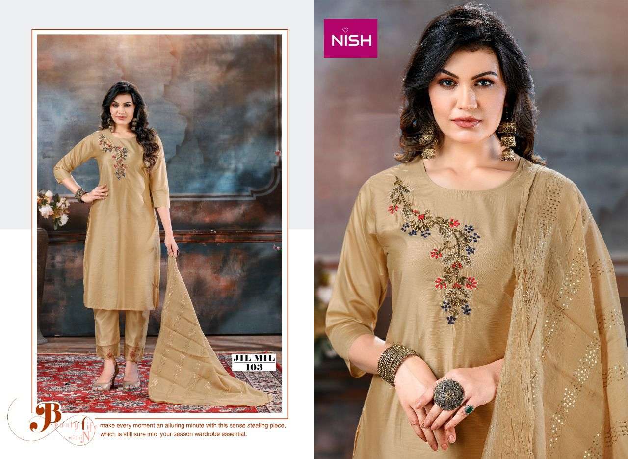 JIL MIL BY NISH 101 TO 106 SERIES BEAUTIFUL SUITS COLORFUL STYLISH FANCY CASUAL WEAR & ETHNIC WEAR PURE SILK DRESSES AT WHOLESALE PRICE