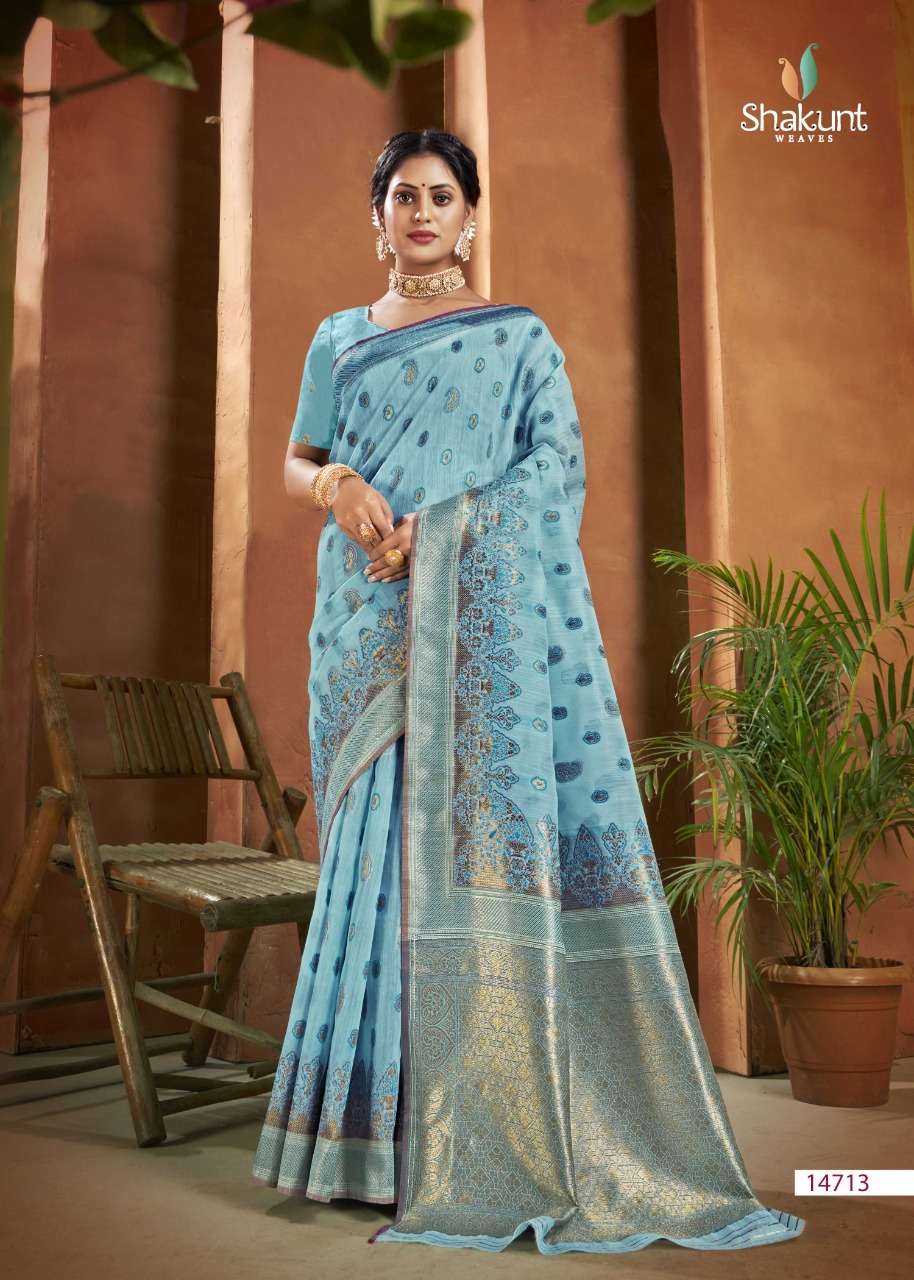 SKS LINEN-3019 BY SHAKUNT 14711 TO 14716 SERIES INDIAN TRADITIONAL WEAR COLLECTION BEAUTIFUL STYLISH FANCY COLORFUL PARTY WEAR & OCCASIONAL WEAR LINEN SAREES AT WHOLESALE PRICE