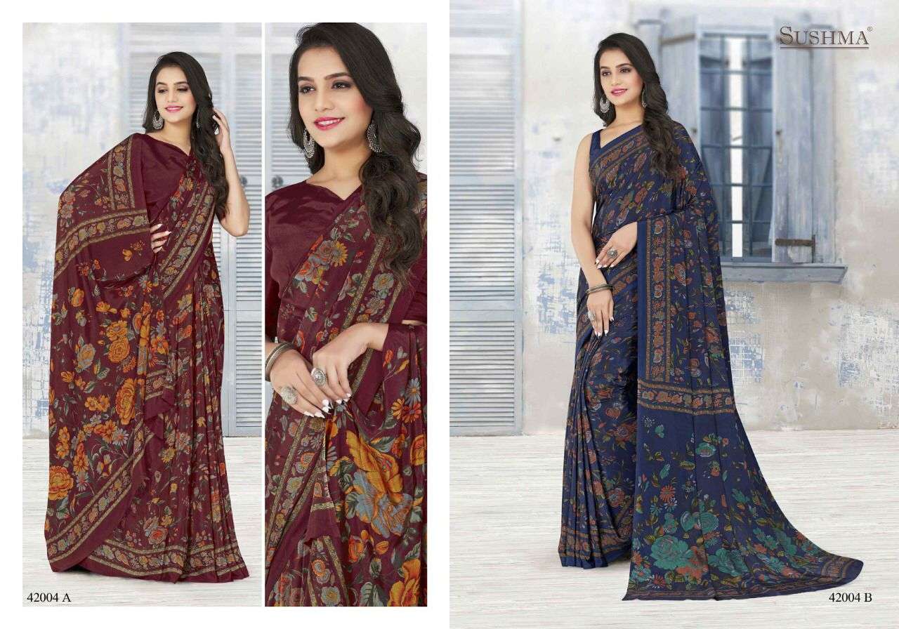 ETHNICA VOL-2 BY SUSHMA 42001-A TO 42006-B SERIES INDIAN TRADITIONAL WEAR COLLECTION BEAUTIFUL STYLISH FANCY COLORFUL PARTY WEAR & OCCASIONAL WEAR CREPE SAREES AT WHOLESALE PRICE