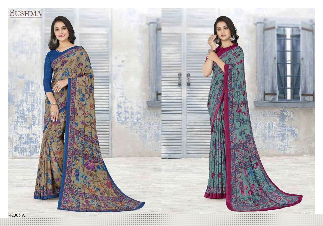 ETHNICA VOL-2 BY SUSHMA 42001-A TO 42006-B SERIES INDIAN TRADITIONAL WEAR COLLECTION BEAUTIFUL STYLISH FANCY COLORFUL PARTY WEAR & OCCASIONAL WEAR CREPE SAREES AT WHOLESALE PRICE