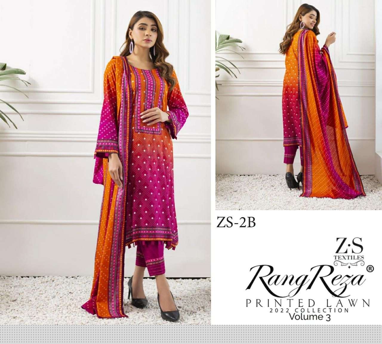 RANG REZA VOL-3 BY ZS TEXTILES 1-A TO 5-B SERIES INDIAN TRADITIONAL WEAR COLLECTION BEAUTIFUL STYLISH FANCY COLORFUL PARTY WEAR & OCCASIONAL WEAR PURE COTTON PRINT DRESSES AT WHOLESALE PRICE