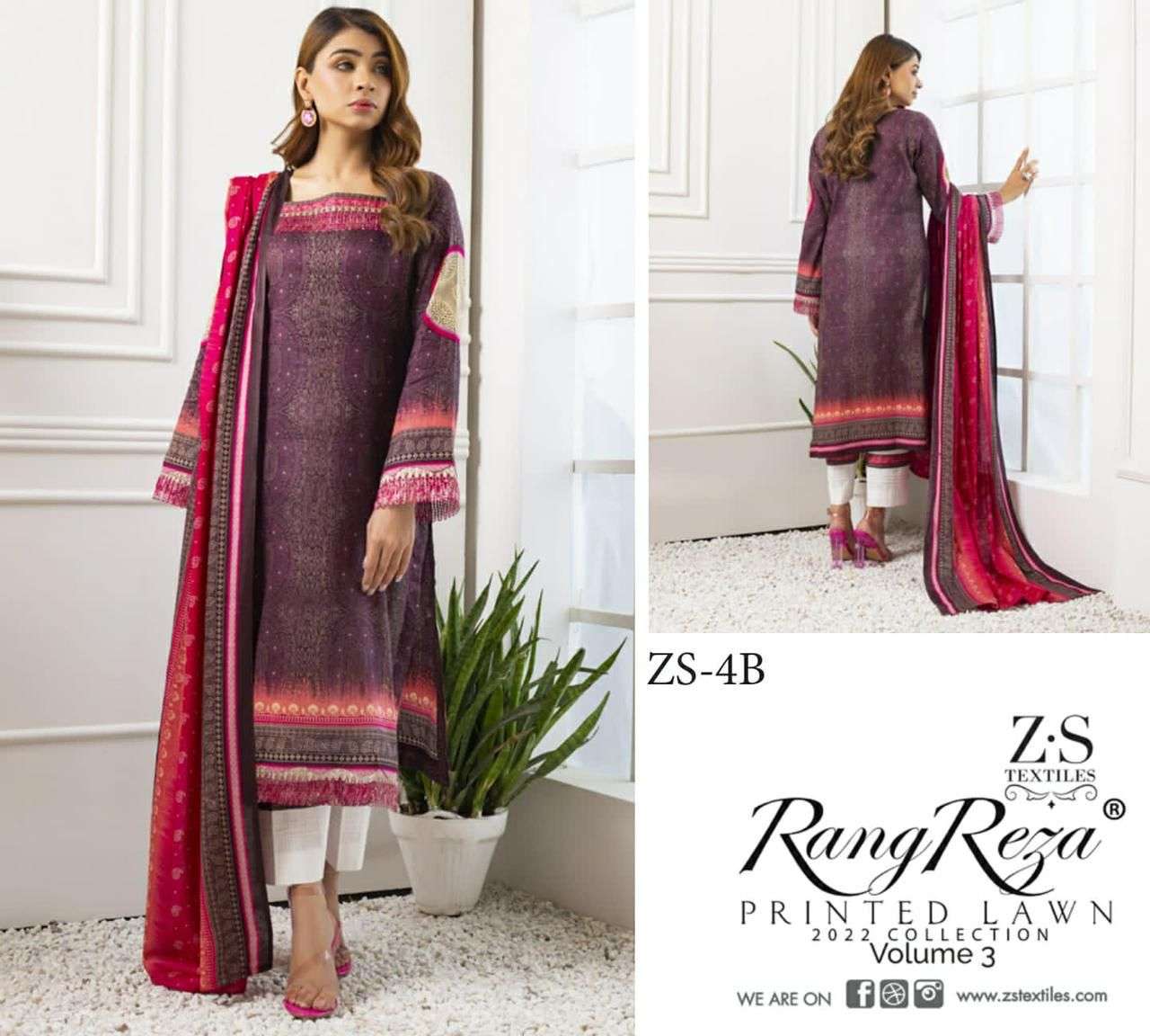 RANG REZA VOL-3 BY ZS TEXTILES 1-A TO 5-B SERIES INDIAN TRADITIONAL WEAR COLLECTION BEAUTIFUL STYLISH FANCY COLORFUL PARTY WEAR & OCCASIONAL WEAR PURE COTTON PRINT DRESSES AT WHOLESALE PRICE
