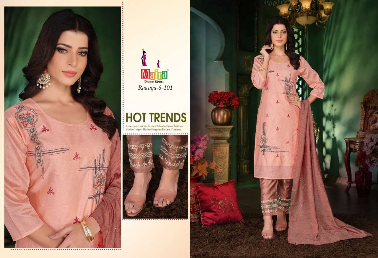 RAAVYA VOL-8 BY MAIRA 101 TO 108 SERIES BEAUTIFUL SUITS COLORFUL STYLISH FANCY CASUAL WEAR & ETHNIC WEAR HEAVY SILK DRESSES AT WHOLESALE PRICE