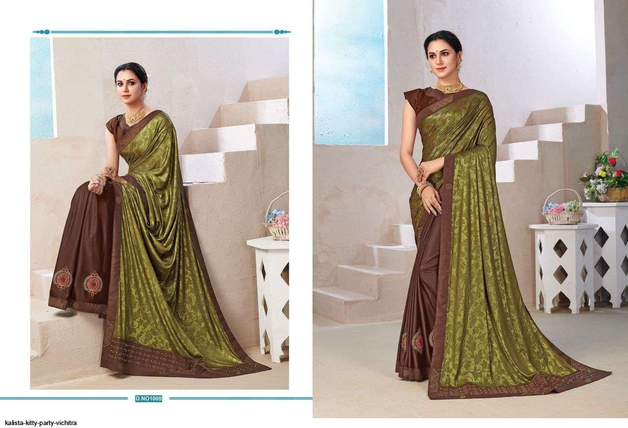 KITTY PARTY BY KALISTA FASHION 1001 TO 1006 SERIES INDIAN TRADITIONAL WEAR COLLECTION BEAUTIFUL STYLISH FANCY COLORFUL PARTY WEAR & OCCASIONAL WEAR FANCY SAREES AT WHOLESALE PRICE