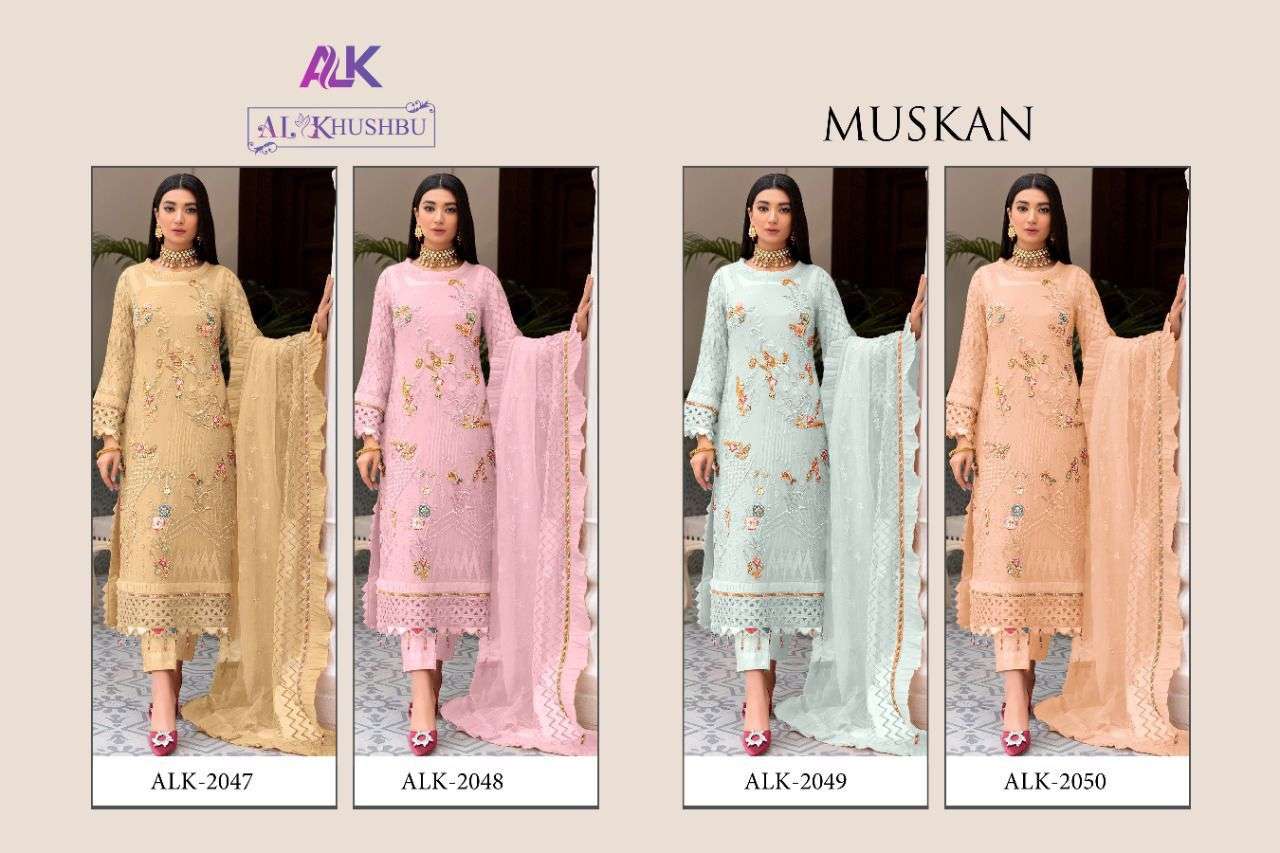 Muskan By Al Khushbu 2047 To 2050 Series Beautiful Pakistani Suits Colorful Stylish Fancy Casual Wear & Ethnic Wear Faux Georgette Embroidered Dresses At Wholesale Price