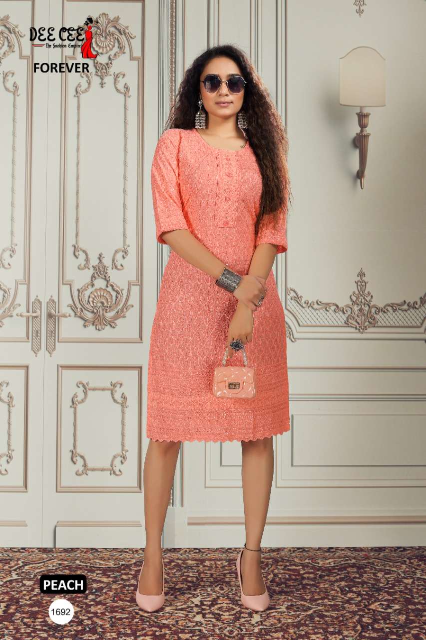 FOREVER BY DEE CEE 1692 TO 1703 SERIES DESIGNER STYLISH FANCY COLORFUL BEAUTIFUL PARTY WEAR & ETHNIC WEAR COLLECTION RAYON KURTIS AT WHOLESALE PRICE