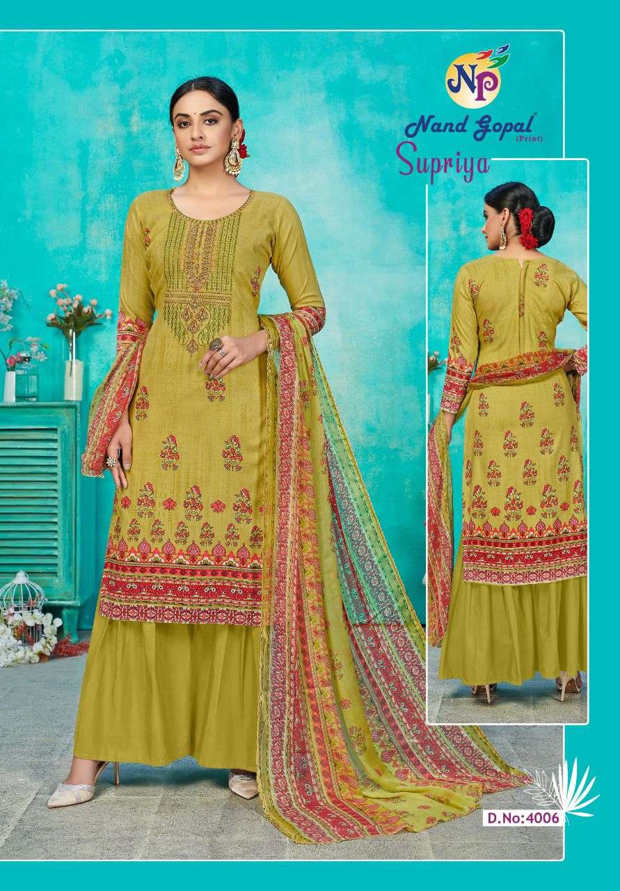SUPRIYA VOL-4 BY NAND GOPAL PRINT 4001 TO 4010 SERIES BEAUTIFUL SUITS COLORFUL STYLISH FANCY CASUAL WEAR & ETHNIC WEAR PURE COTTON PRINT DRESSES AT WHOLESALE PRICE