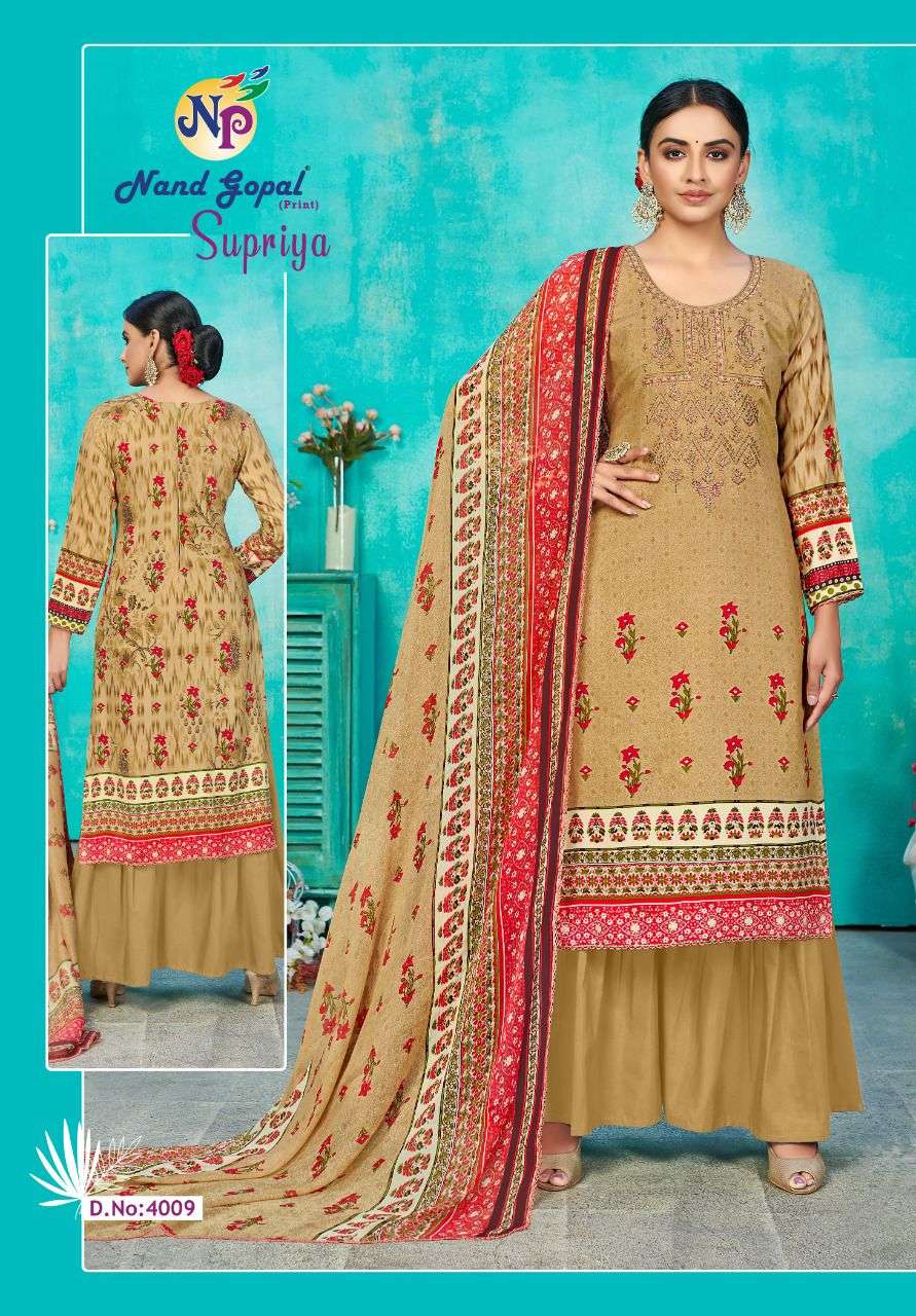SUPRIYA VOL-4 BY NAND GOPAL PRINT 4001 TO 4010 SERIES BEAUTIFUL SUITS COLORFUL STYLISH FANCY CASUAL WEAR & ETHNIC WEAR PURE COTTON PRINT DRESSES AT WHOLESALE PRICE