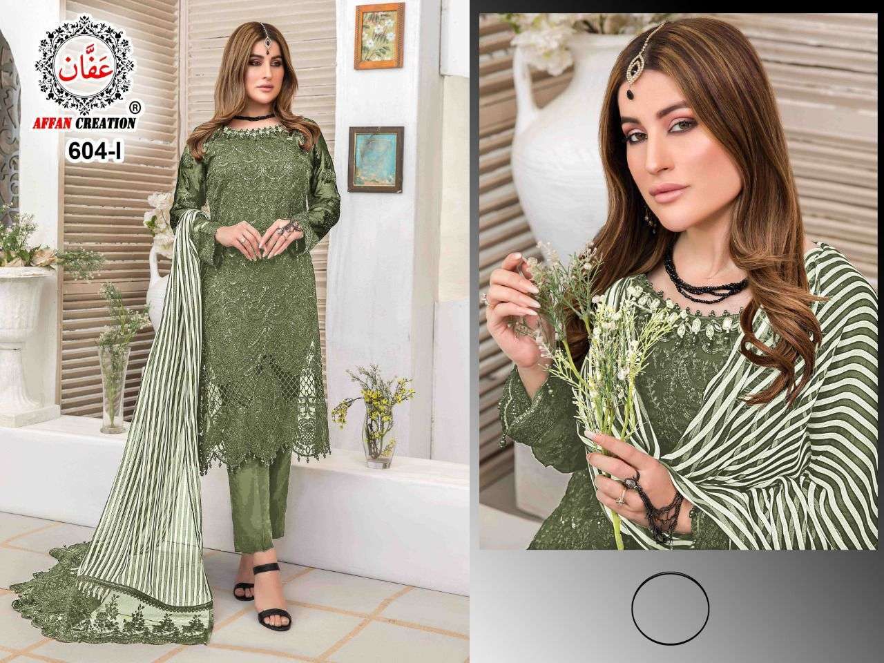 AFFAN CREATION 604 COLOURS BY AFFAN CREATION 604-A TO 604-J SERIES Z BEAUTIFUL PAKISTANI SUITS COLORFUL STYLISH FANCY CASUAL WEAR & ETHNIC WEAR FAUX GEORGETTE WITH EMBROIDERY DRESSES AT WHOLESALE PRICE