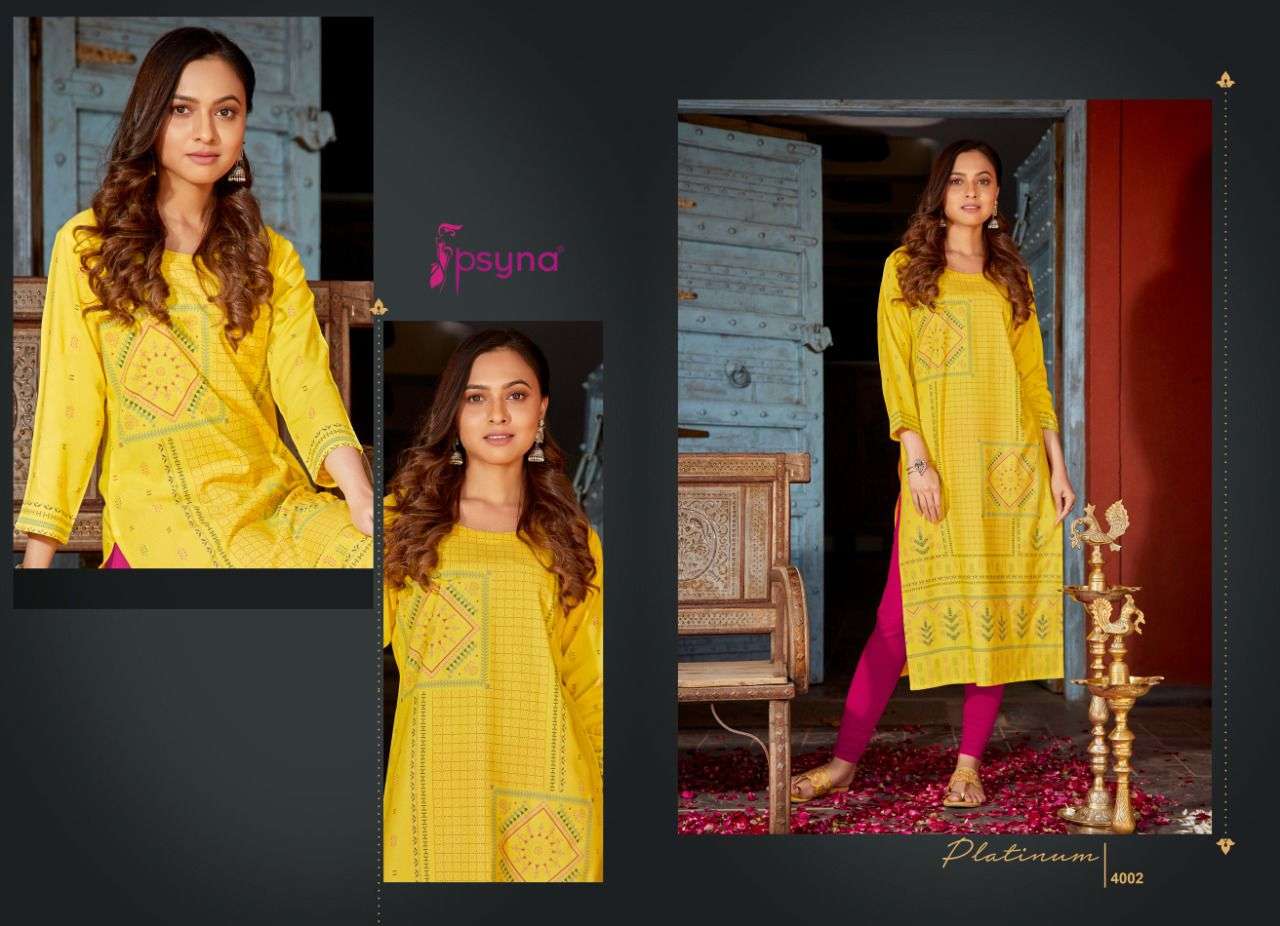 PLATINUM VOL-4 BY PSYNA 4001 TO 4008 SERIES DESIGNER STYLISH FANCY COLORFUL BEAUTIFUL PARTY WEAR & ETHNIC WEAR COLLECTION RAYON PRINT KURTIS AT WHOLESALE PRICE