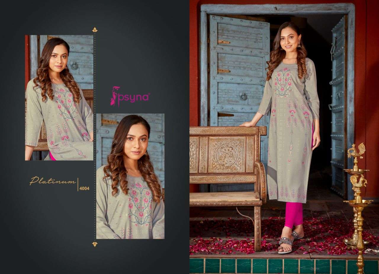 PLATINUM VOL-4 BY PSYNA 4001 TO 4008 SERIES DESIGNER STYLISH FANCY COLORFUL BEAUTIFUL PARTY WEAR & ETHNIC WEAR COLLECTION RAYON PRINT KURTIS AT WHOLESALE PRICE