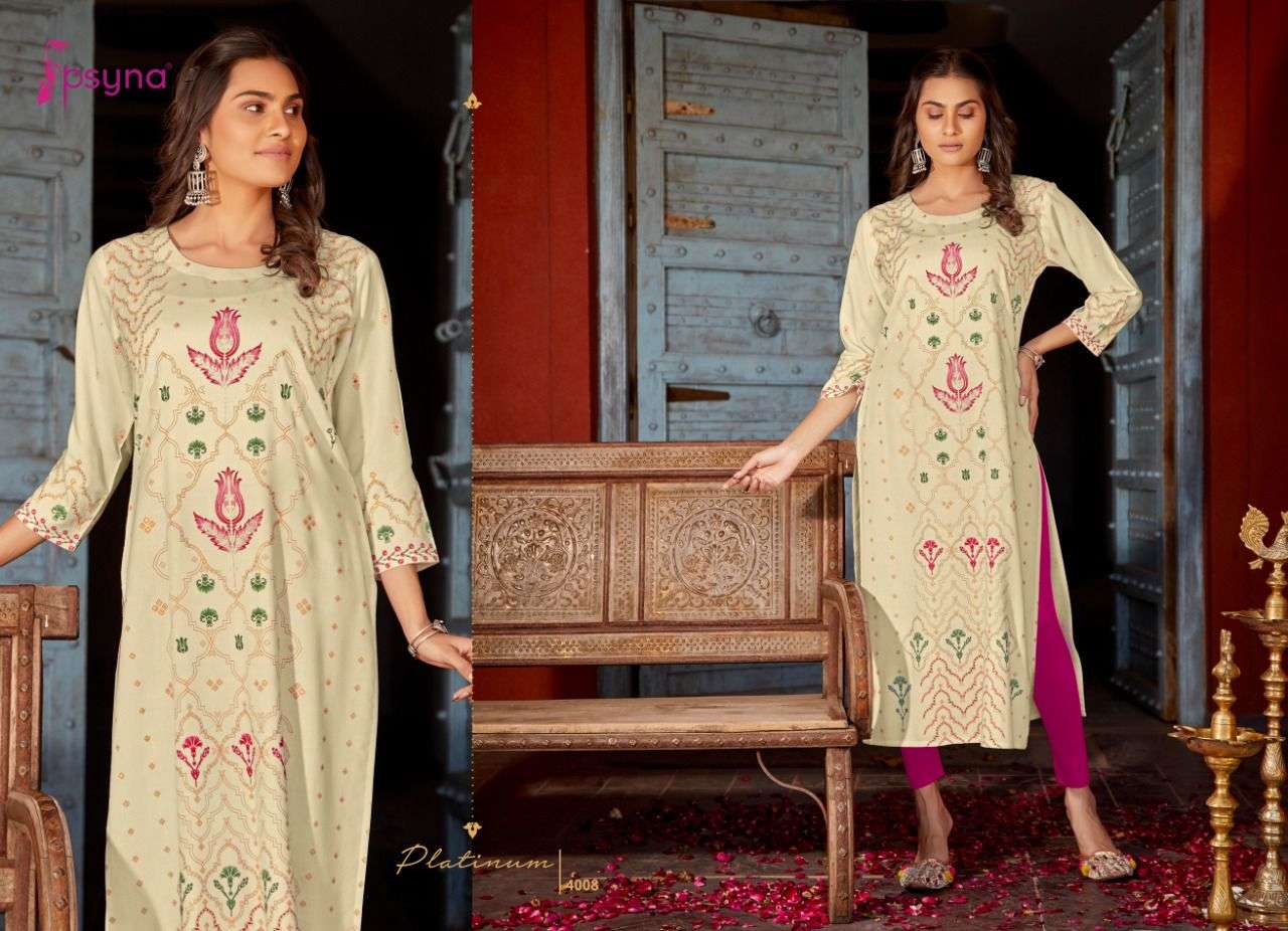 PLATINUM VOL-4 BY PSYNA 4001 TO 4008 SERIES DESIGNER STYLISH FANCY COLORFUL BEAUTIFUL PARTY WEAR & ETHNIC WEAR COLLECTION RAYON PRINT KURTIS AT WHOLESALE PRICE