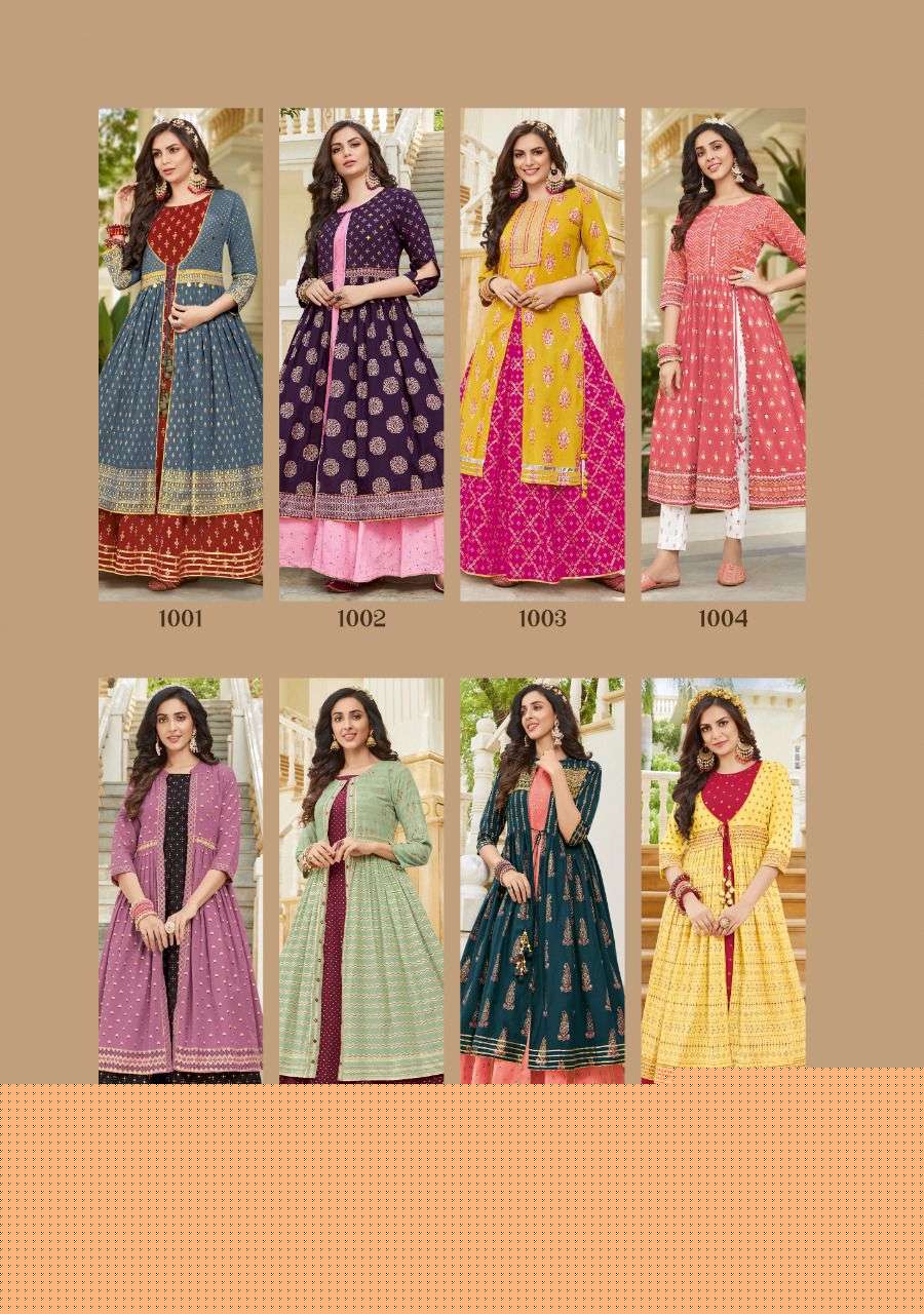 SRUG VOL-1 BY KAJAL STYLE 1001 TO 1008 SERIES BEAUTIFUL STYLISH FANCY COLORFUL CASUAL WEAR & ETHNIC WEAR COTTON PRINT GOWNS WITH SHRUG AT WHOLESALE PRICE
