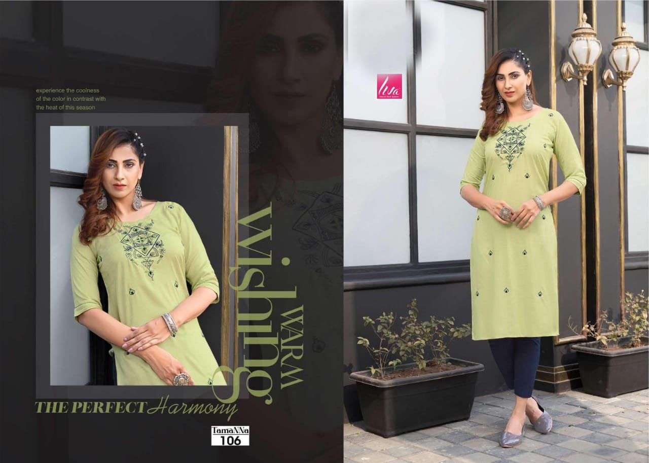 TAMANNA BY LIVA 101 TO 107 SERIES DESIGNER STYLISH FANCY COLORFUL BEAUTIFUL PARTY WEAR & ETHNIC WEAR COLLECTION PURE RAYON KURTIS AT WHOLESALE PRICE