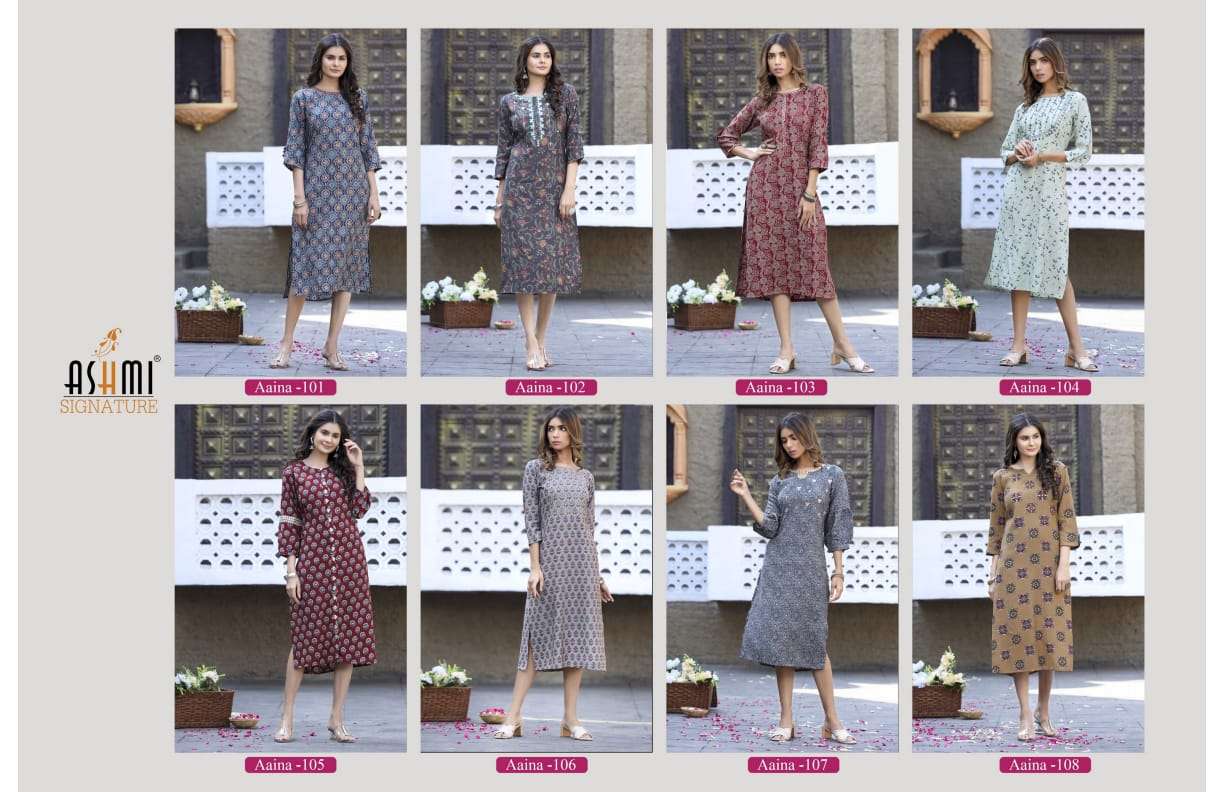 AAINA BY ASHMI 101 TO 108 SERIES DESIGNER STYLISH FANCY COLORFUL BEAUTIFUL PARTY WEAR & ETHNIC WEAR COLLECTION VISCOSE CHANDERI KURTIS AT WHOLESALE PRICE
