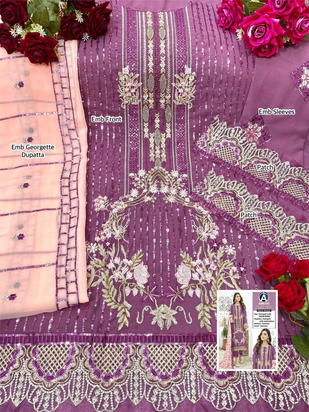 RAMSHA 17 COLOURS BY ARMANI PAKISTANI SUITS BEAUTIFUL FANCY COLORFUL STYLISH PARTY WEAR & OCCASIONAL WEAR GEORGETTE EMBROIDERY DRESSES AT WHOLESALE PRICE