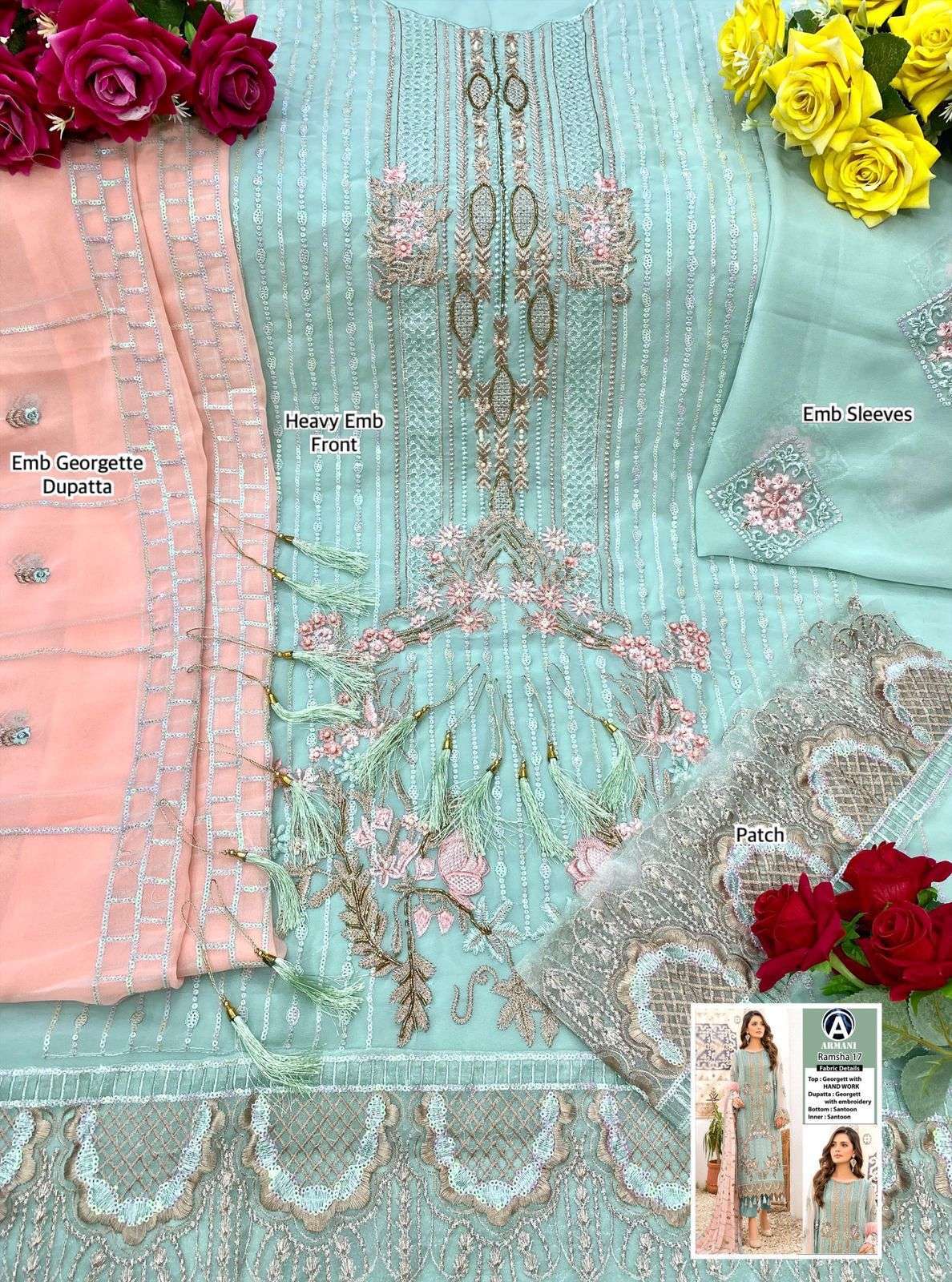 RAMSHA 17 COLOURS BY ARMANI PAKISTANI SUITS BEAUTIFUL FANCY COLORFUL STYLISH PARTY WEAR & OCCASIONAL WEAR GEORGETTE EMBROIDERY DRESSES AT WHOLESALE PRICE