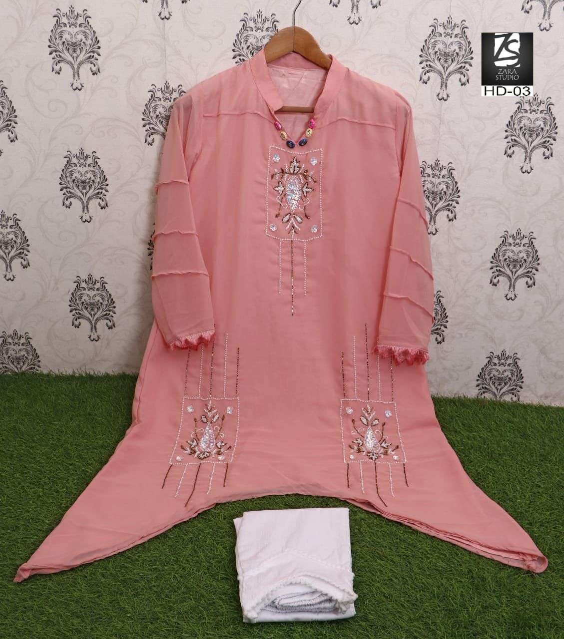 HD-03 COLOURS BY ZS 03-A TO 03-C SERIES DESIGNER STYLISH FANCY COLORFUL BEAUTIFUL PARTY WEAR & ETHNIC WEAR COLLECTION FAUX GEORGETTE KURTIS WITH BOTTOM AT WHOLESALE PRICE