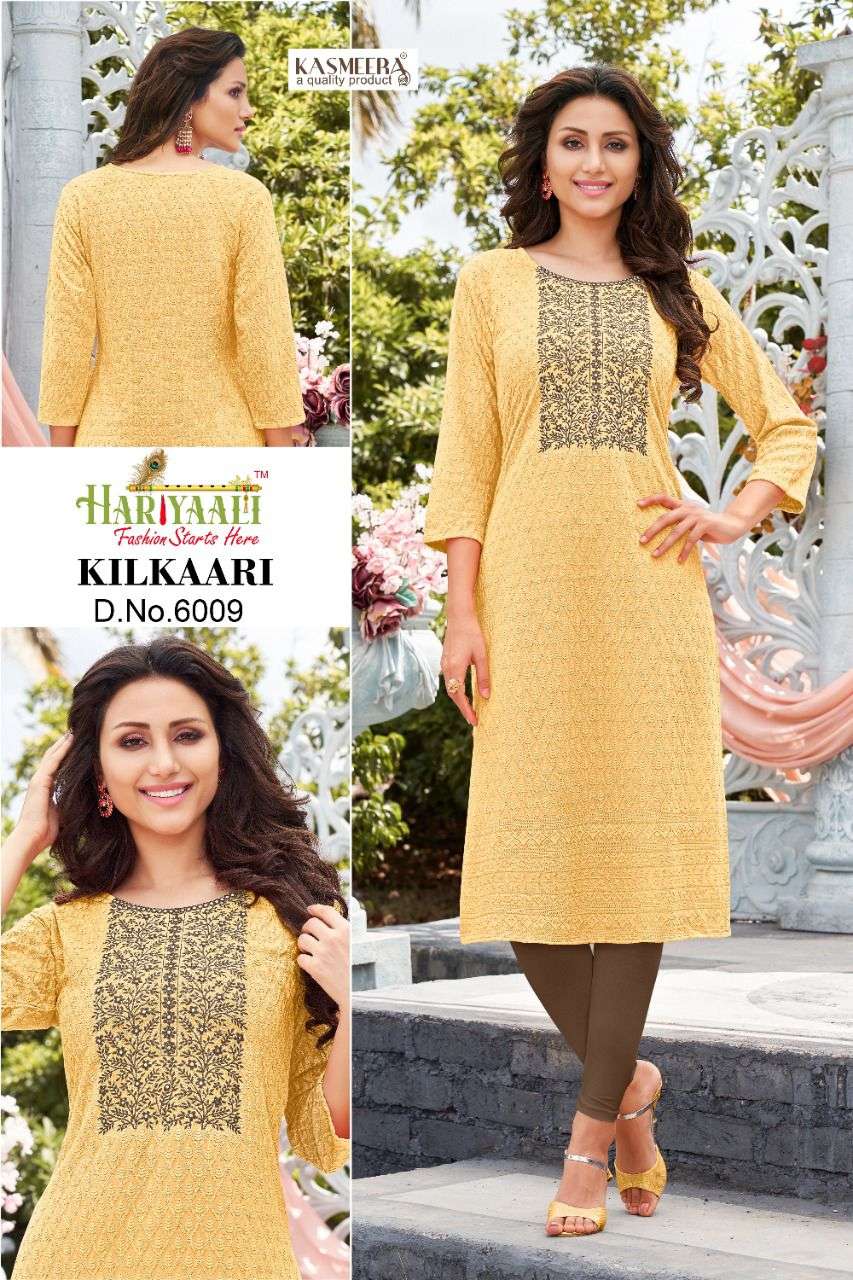 KILKAARI BY HARIYAALI 6001 TO 6009 SERIES DESIGNER STYLISH FANCY COLORFUL BEAUTIFUL PARTY WEAR & ETHNIC WEAR COLLECTION RAYON KURTIS AT WHOLESALE PRICE