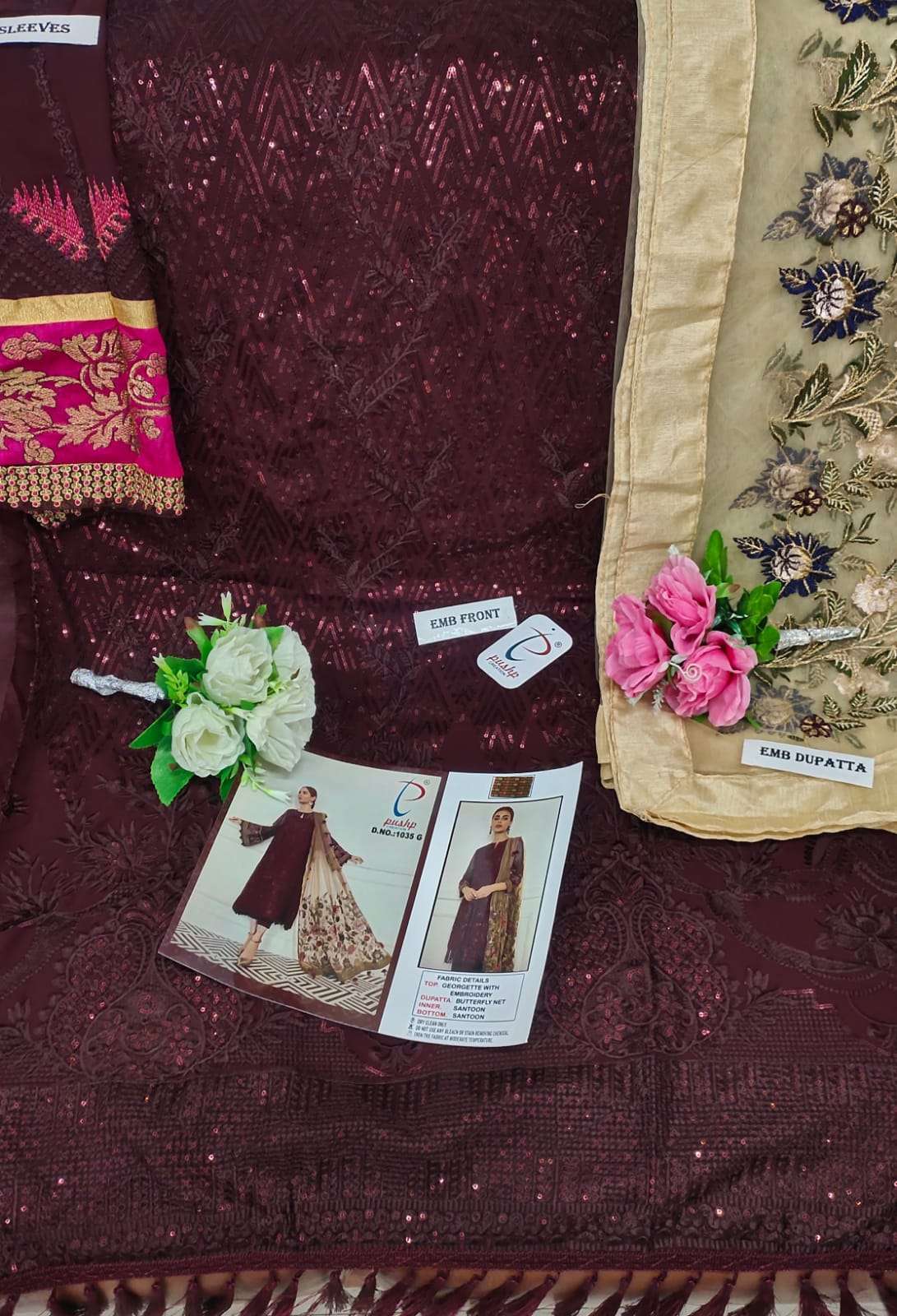 PUSHP HIT DESIGN 1035 COLOURS BY PUSHP CREATION 1035-A TO 1035-G SERIES DESIGNER PAKISTANI SUITS BEAUTIFUL STYLISH FANCY COLORFUL PARTY WEAR & OCCASIONAL WEAR FAUX GEORGETTE EMBROIDERED DRESSES AT WHOLESALE PRICE
