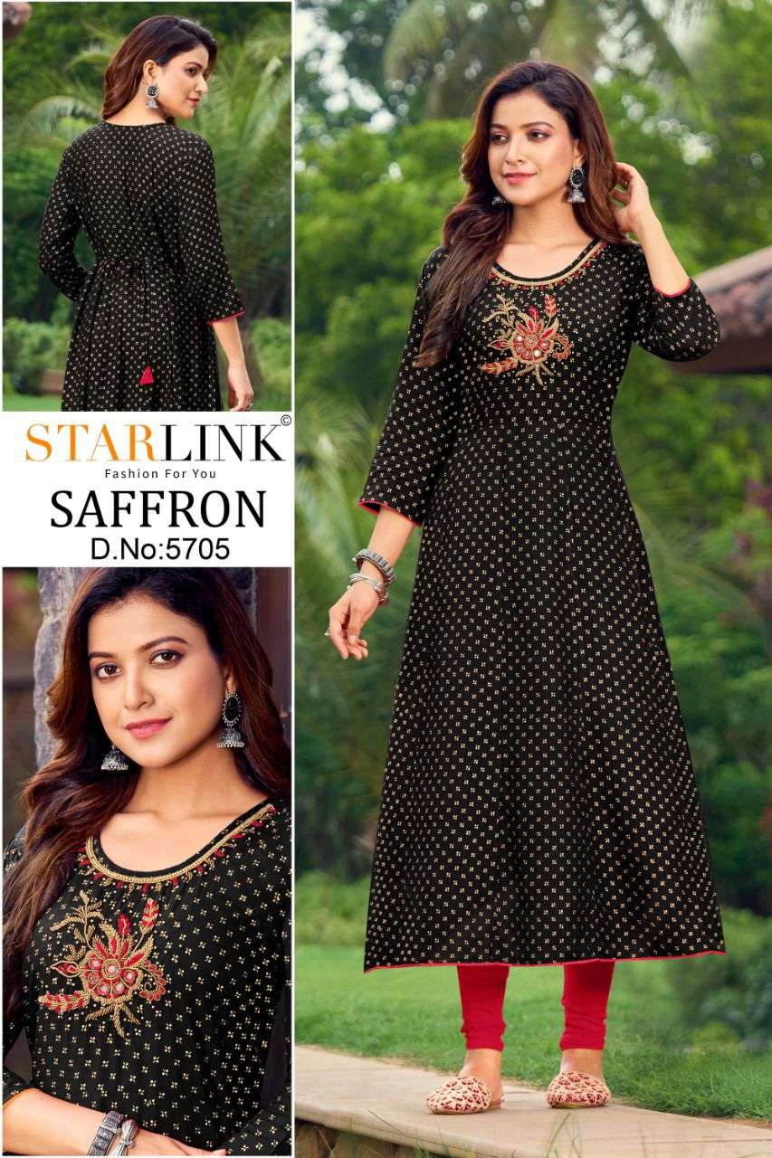 SAFFRON BY STARLINK 5701 TO 5710 SERIES DESIGNER STYLISH FANCY COLORFUL BEAUTIFUL PARTY WEAR & ETHNIC WEAR COLLECTION PURE RAYON KURTIS AT WHOLESALE PRICE