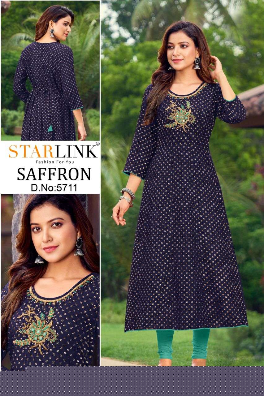 SAFFRON BY STARLINK 5701 TO 5710 SERIES DESIGNER STYLISH FANCY COLORFUL BEAUTIFUL PARTY WEAR & ETHNIC WEAR COLLECTION PURE RAYON KURTIS AT WHOLESALE PRICE