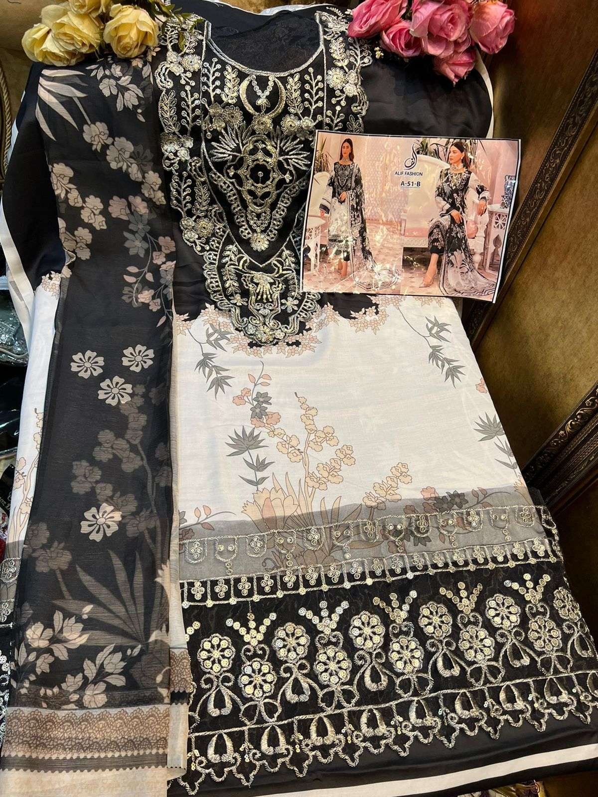 ALIF HIT DESIGN A-51-B BY ALIF FASHION PAKISTANI SUITS BEAUTIFUL FANCY COLORFUL STYLISH PARTY WEAR & OCCASIONAL WEAR CAMBRIC PRINT EMBROIDERY DRESSES AT WHOLESALE PRICE