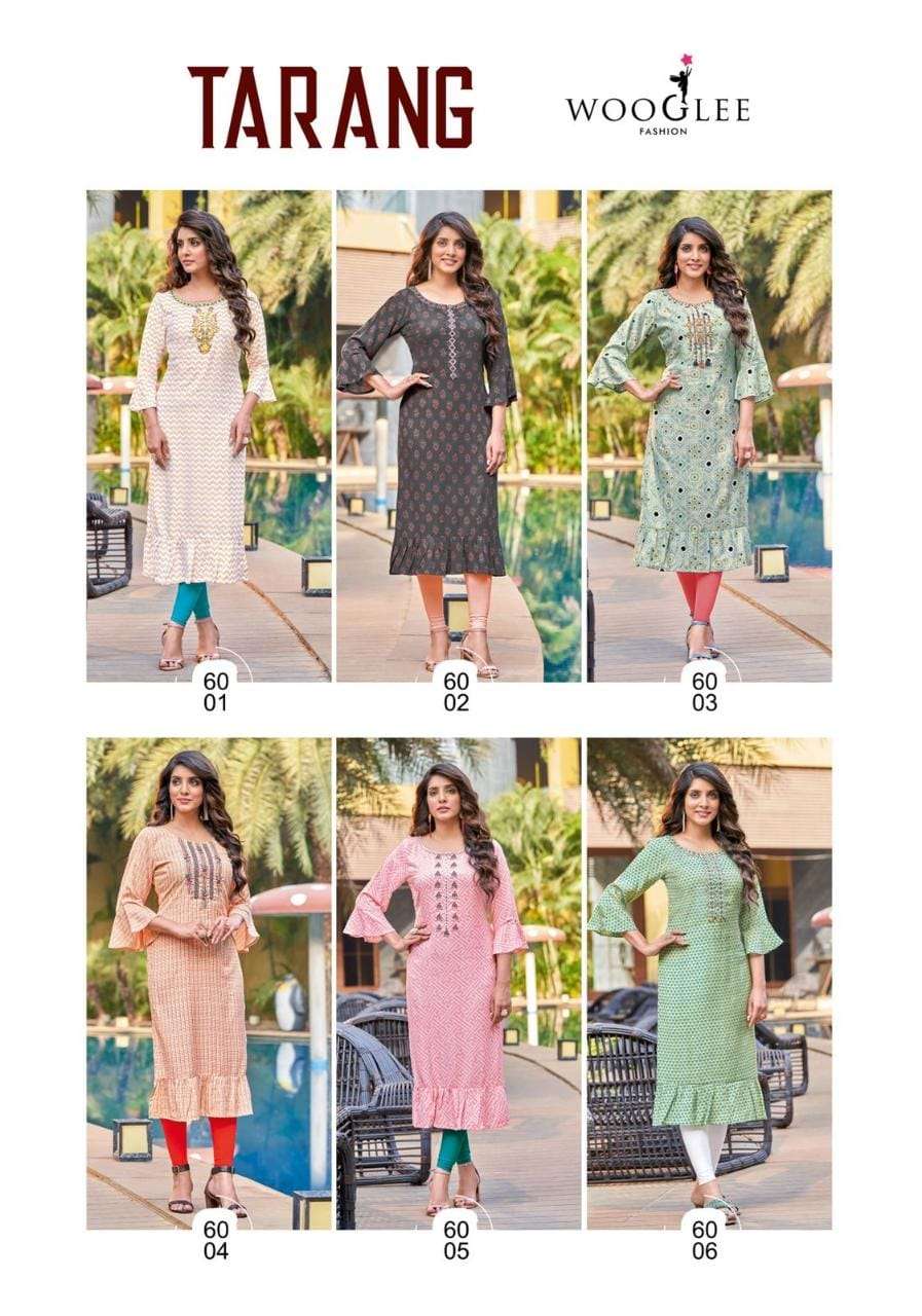 Tarang By Wooglee 6001 To 6006 Series Designer Collection Beautiful Stylish Fancy Colorful Party Wear & Occasional Wear Pure Rayon Kurtis At Wholesale Price