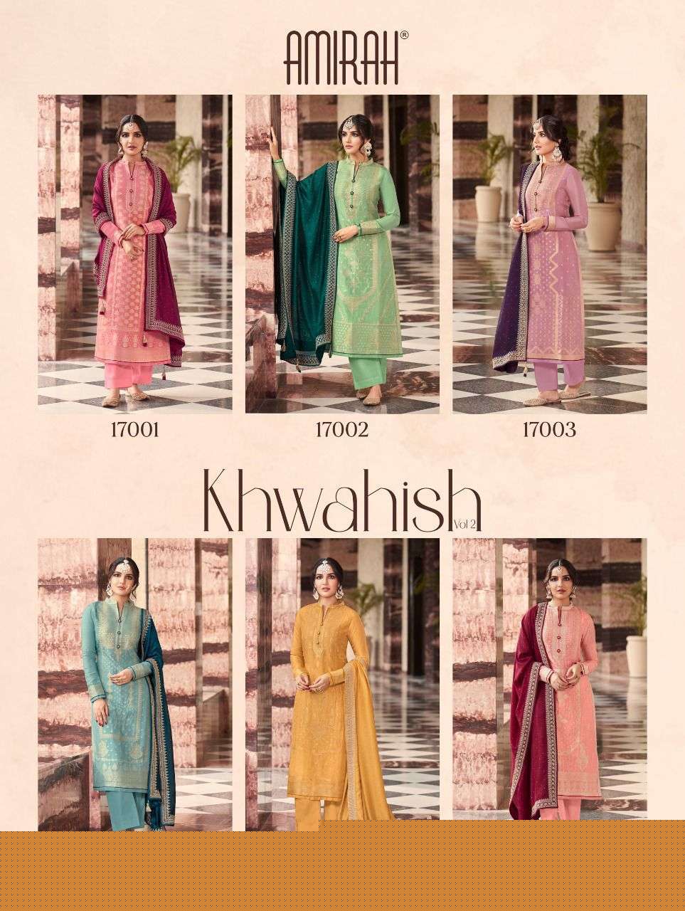 KHWAHISH VOL-2 BY AMIRAH 17001 TO 17006 SERIES BEAUTIFUL STYLISH SUITS FANCY COLORFUL CASUAL WEAR & ETHNIC WEAR & READY TO WEAR DOLA SILK JACQUARD DRESSES AT WHOLESALE PRICE