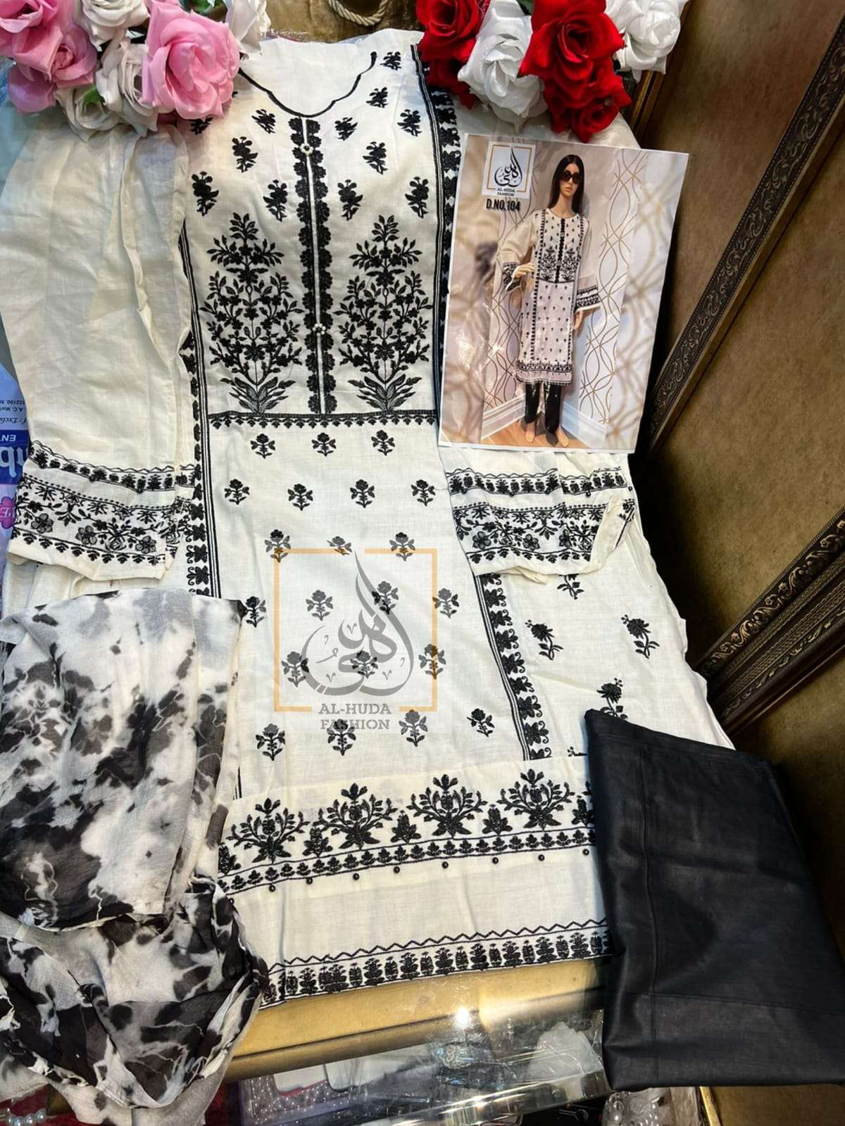 AL HUDA HIT DESIGN 104 BY AL HUDA FASHION DESIGNER PAKISTANI SUITS BEAUTIFUL STYLISH FANCY COLORFUL PARTY WEAR & OCCASIONAL WEAR COTTON EMBROIDERED DRESSES AT WHOLESALE PRICE