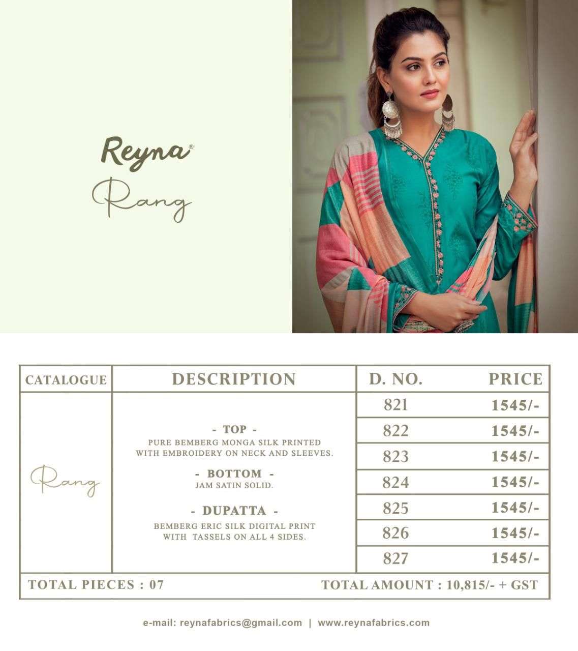 RANG BY REYNA 821 TO 827 SERIES BEAUTIFUL SUITS COLORFUL STYLISH FANCY CASUAL WEAR & ETHNIC WEAR PURE BEMBERG SILK DRESSES AT WHOLESALE PRICE