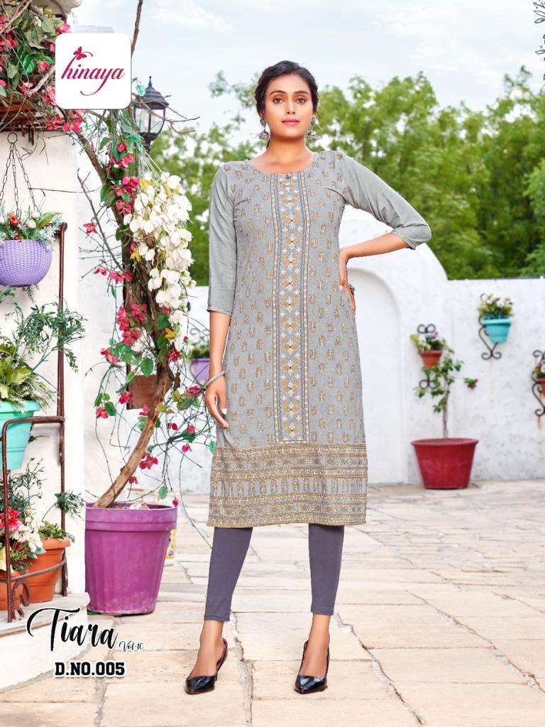 TIARA VOL-10 BY HINAYA 001 TO 008 SERIES DESIGNER STYLISH FANCY COLORFUL BEAUTIFUL PARTY WEAR & ETHNIC WEAR COLLECTION RAYON EMBROIDERY KURTIS AT WHOLESALE PRICE