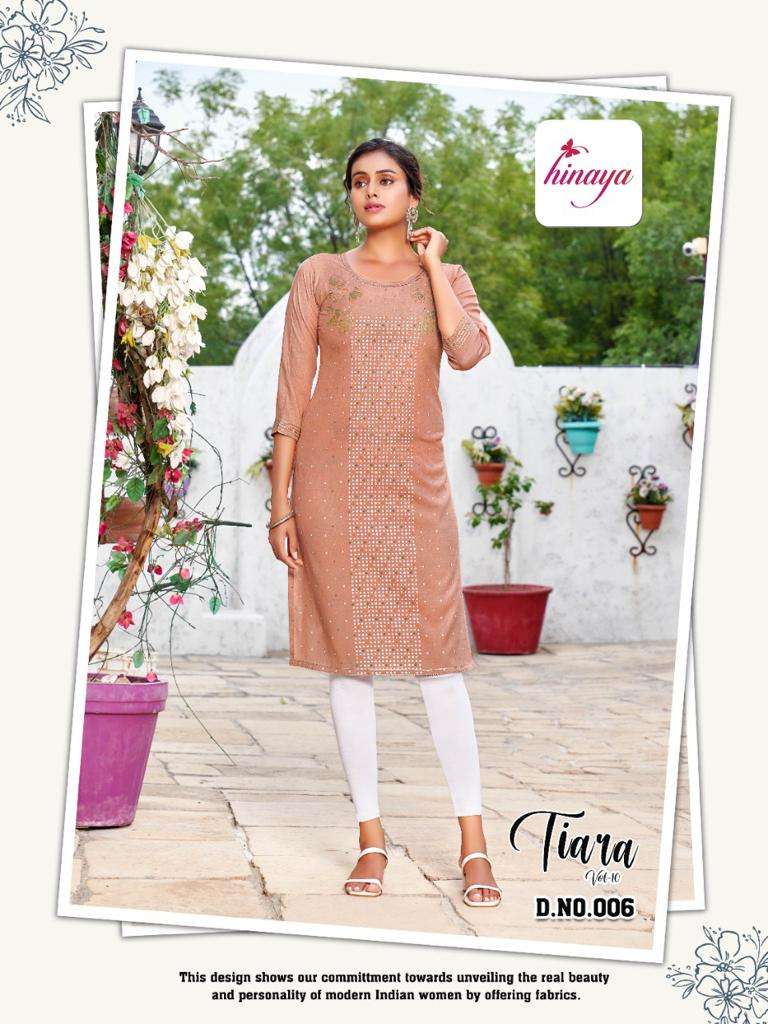 TIARA VOL-10 BY HINAYA 001 TO 008 SERIES DESIGNER STYLISH FANCY COLORFUL BEAUTIFUL PARTY WEAR & ETHNIC WEAR COLLECTION RAYON EMBROIDERY KURTIS AT WHOLESALE PRICE