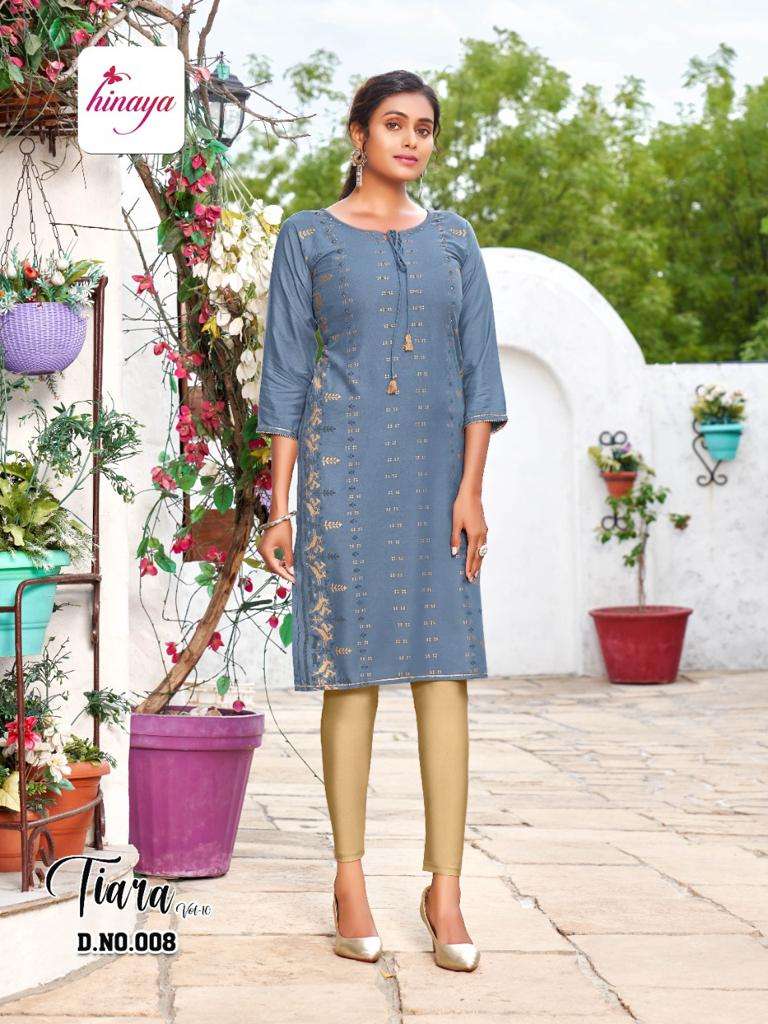 TIARA VOL-10 BY HINAYA 001 TO 008 SERIES DESIGNER STYLISH FANCY COLORFUL BEAUTIFUL PARTY WEAR & ETHNIC WEAR COLLECTION RAYON EMBROIDERY KURTIS AT WHOLESALE PRICE