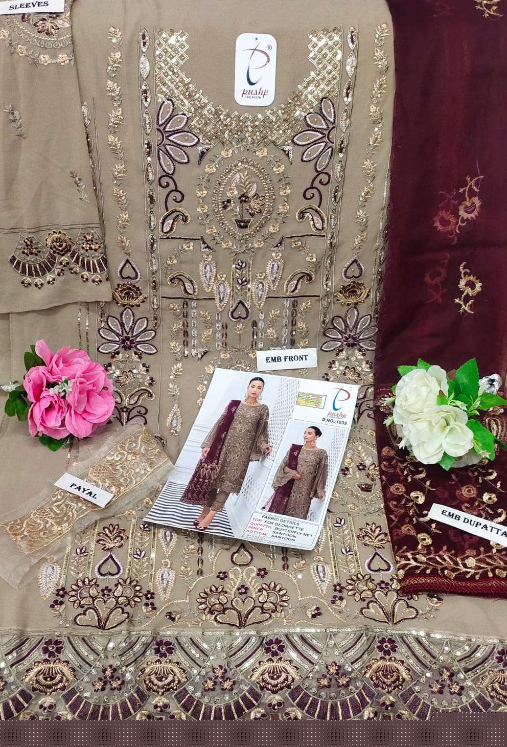 PUSHP HIT DESIGN 1039 BY PUSHP CREATION DESIGNER PAKISTANI SUITS BEAUTIFUL STYLISH FANCY COLORFUL PARTY WEAR & OCCASIONAL WEAR FAUX GEORGETTE EMBROIDERED DRESSES AT WHOLESALE PRICE