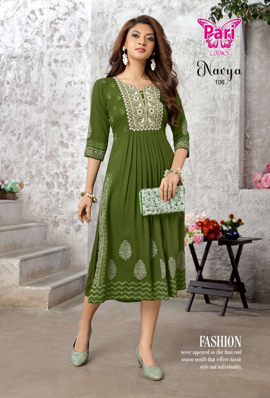 NAVYA BY PARI 101 TO 106 SERIES DESIGNER STYLISH FANCY COLORFUL BEAUTIFUL PARTY WEAR & ETHNIC WEAR COLLECTION PURE RAYON KURTIS AT WHOLESALE PRICE