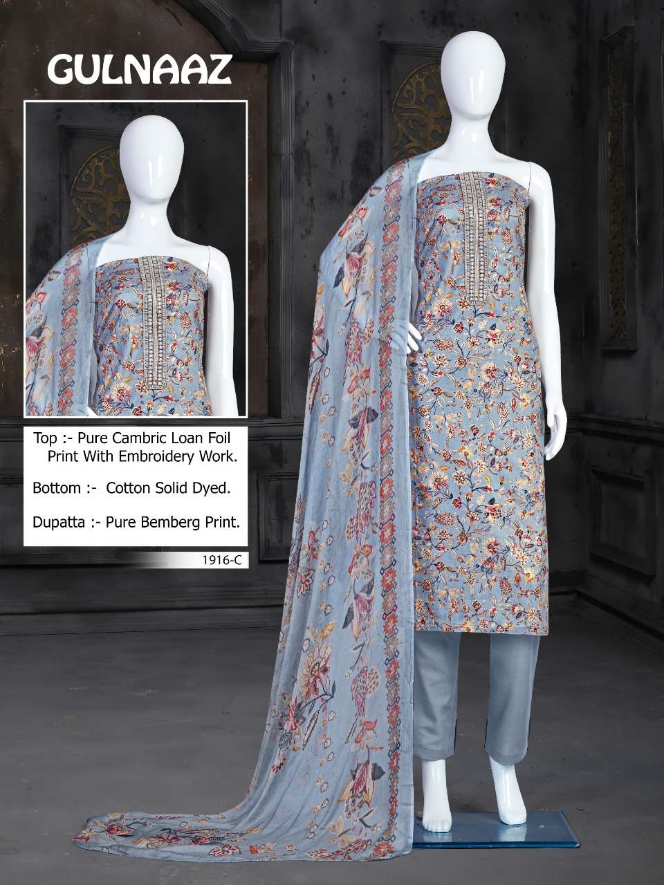 GULNAAZ-1916 BY BIPSON 1916-A TO 1916-D SERIES BEAUTIFUL WINTER COLLECTION SUITS STYLISH FANCY COLORFUL CASUAL WEAR & ETHNIC WEAR PURE CAMBRIC PRINT WITH WORK DRESSES AT WHOLESALE PRICE