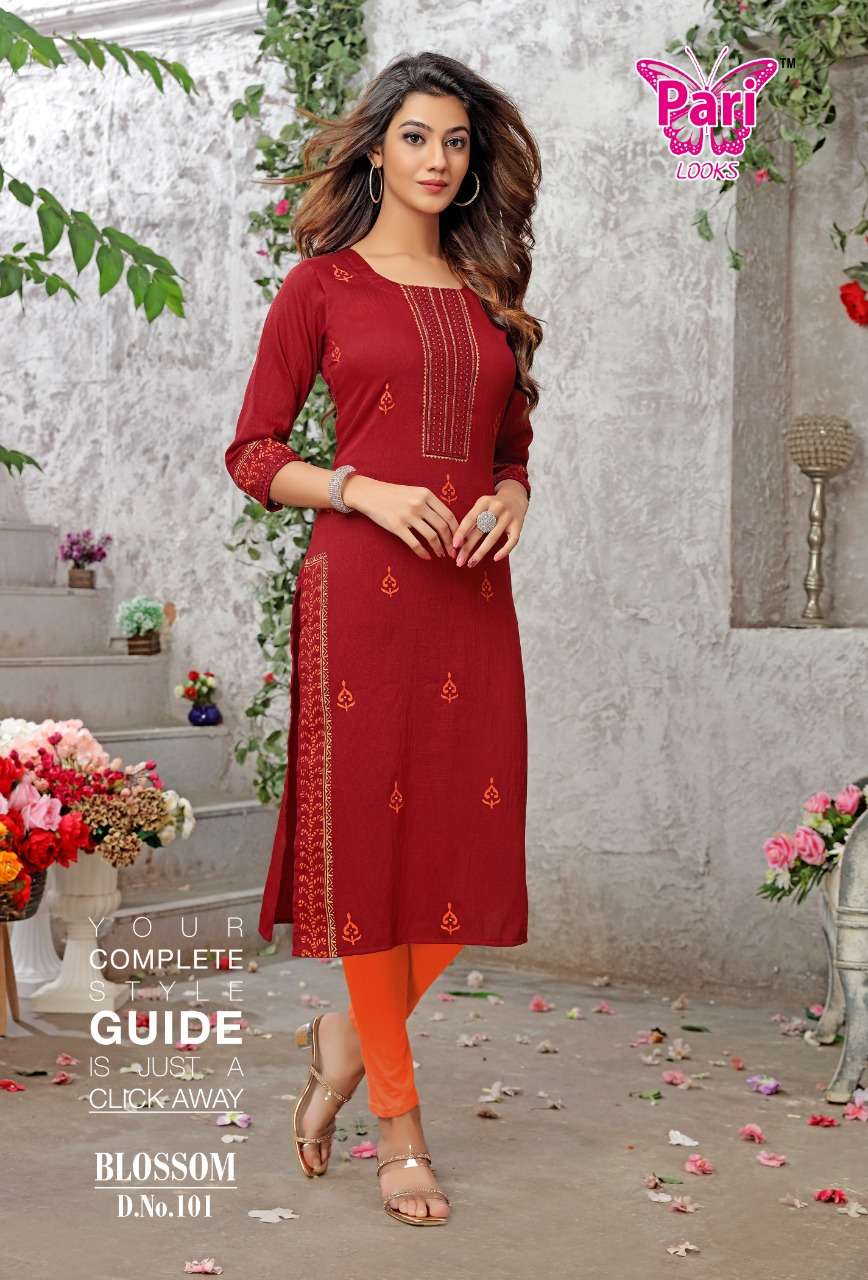 BLOSSOM BY PARI 101 TO 108 SERIES DESIGNER STYLISH FANCY COLORFUL BEAUTIFUL PARTY WEAR & ETHNIC WEAR COLLECTION VISCOSE RAYON KURTIS AT WHOLESALE PRICE
